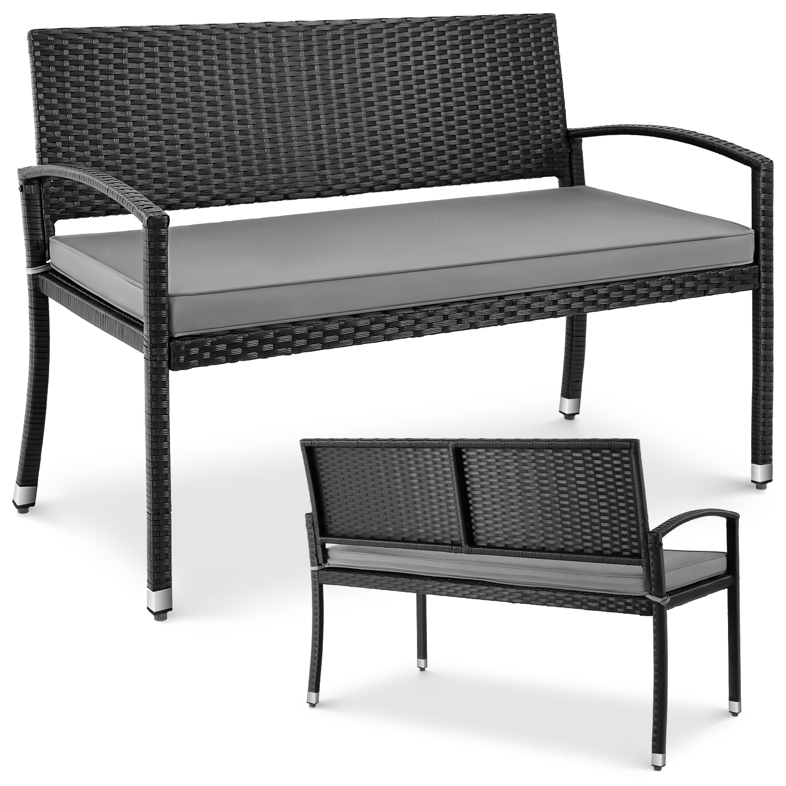 LIFERUN Gartenbank Wetterfest mit Sitzkissen, 2 Sitzer Polyrattan Sitzbank, 320kg Belastbar, Gemütliche Gartenmöbel Bank Outdoor, 122x60x90cm, Balkonbank für Kleinen Balkon, Garten, Terrasse, Schwarz