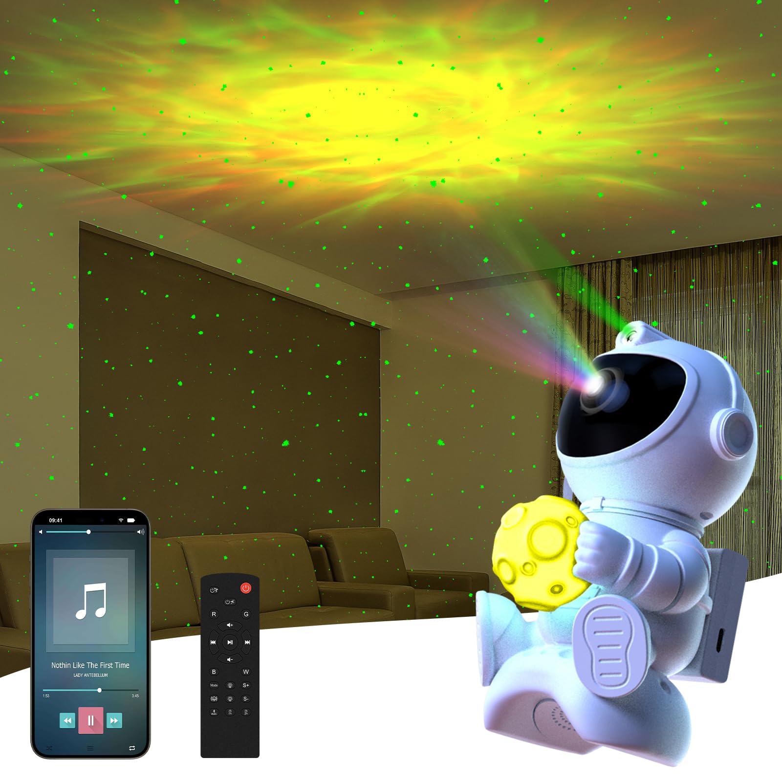 Astronauta Proyector Galaxy y Control Remoto,Luz de Noche con Altavoces Inalámbricos, Proyector Estrellas Techo de Nebulosa Ajustable de 360° para Decorar la Habitación (Luna)