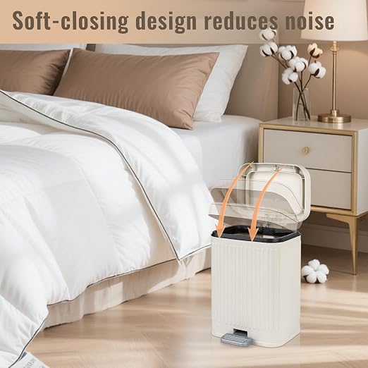 rejomiik Small Bathroom Trash Can with Lid 2.1 Gallon Soft Close Step Slim Garbage Can Waste Bin for Office, Bedroom, Kitchen, Cream miniatura 4
