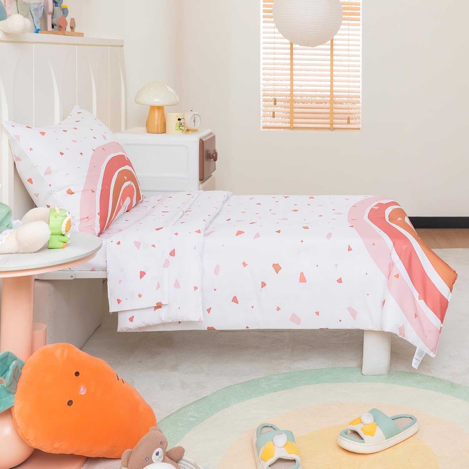 Toddler Bedding Sets for Girls, Rainbow Toddler Crib Bedding Set 4 Piece Pink Toddler Comforter Set Includes Flat Top Sheet, Fitted Sheet, Comforter, Envelope Pillowcase, Soft & Comfort