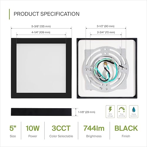 Miniatura 3 de ASD Paquete de 12 luces LED cuadradas de techo empotradas de 5 pulgadas, regulables, 10 W, 683 lúmenes, cerca del techo, luces negras ajustables de