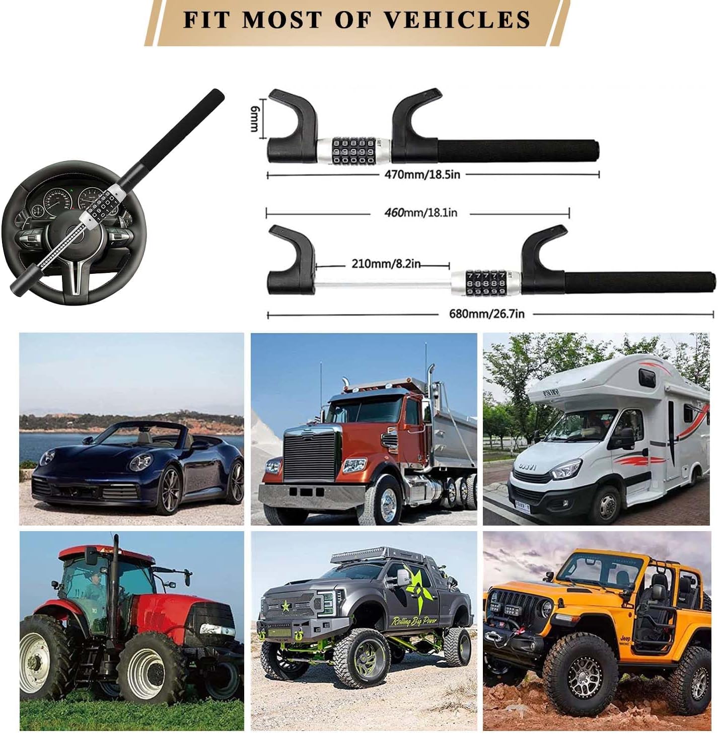 Steering Wheel Lock,Anti-Theft Car Device,Keyless Password Retractable Steering Lock Theft Prevention Bar for Car Trucks SUV Van(Black)