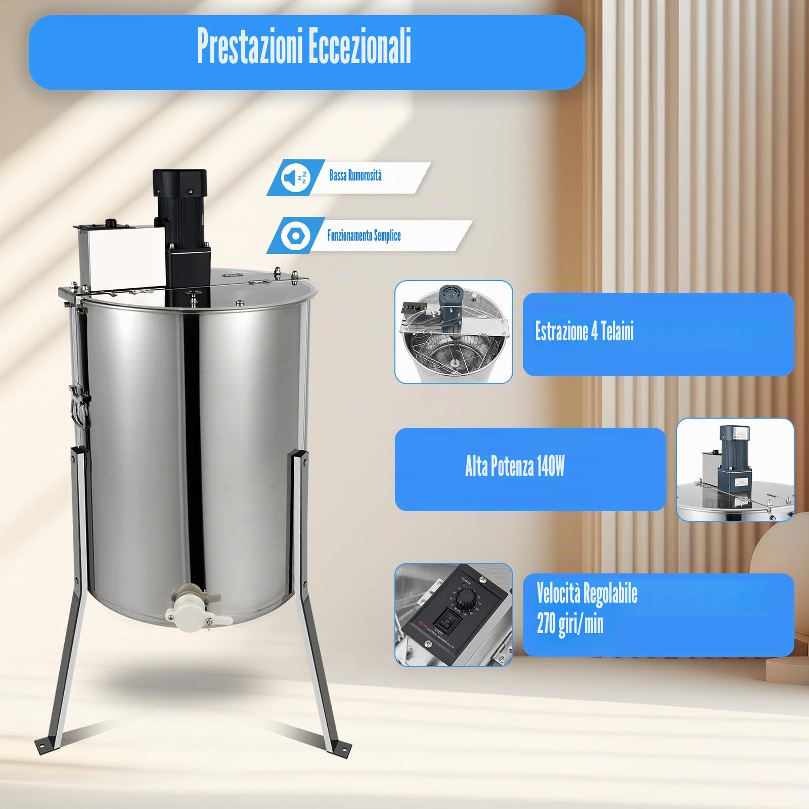 Fionda elettrica per miele a 4 cornici, estrattore professionale in acciaio inox con regolazione della velocità, uscita miele e coperchio, accessori per api per apicoltura e apicoltori amatoriali