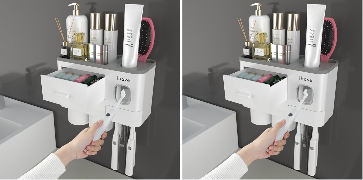iHave Toothbrush Holders for Bathrooms, 4 Cups Toothbrush Holder Wall Mounted with Toothpaste Dispenser - Large Capacity Tray, 2 Cosmetic Drawer - Bathroom Storage & Bathroom Organizer