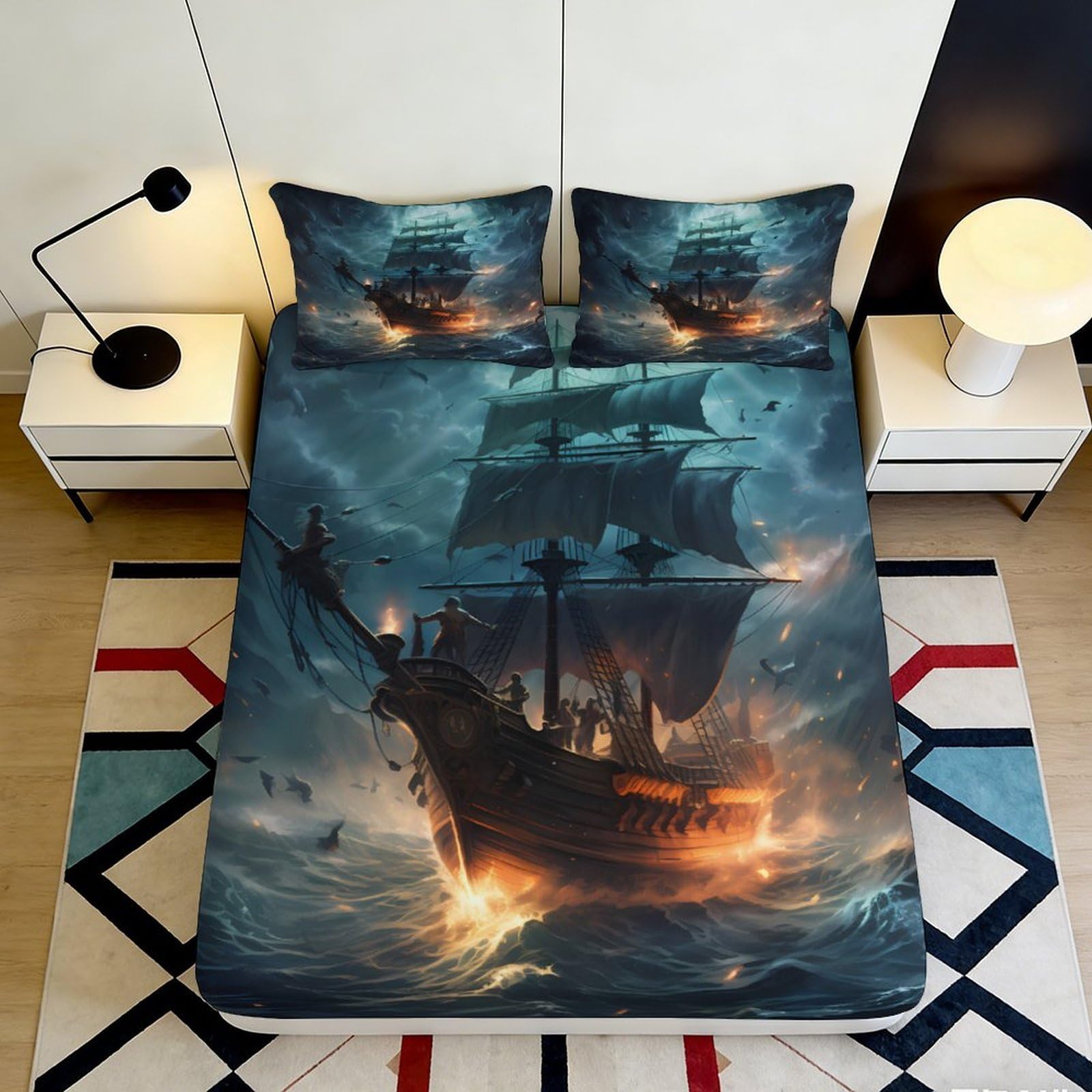 3D Printed Pirate Ship Fitted Sheet Microfiber Soft Ocean Night Mattress Cover for Bedroom Dorm Decor Protection 90x200x25cm