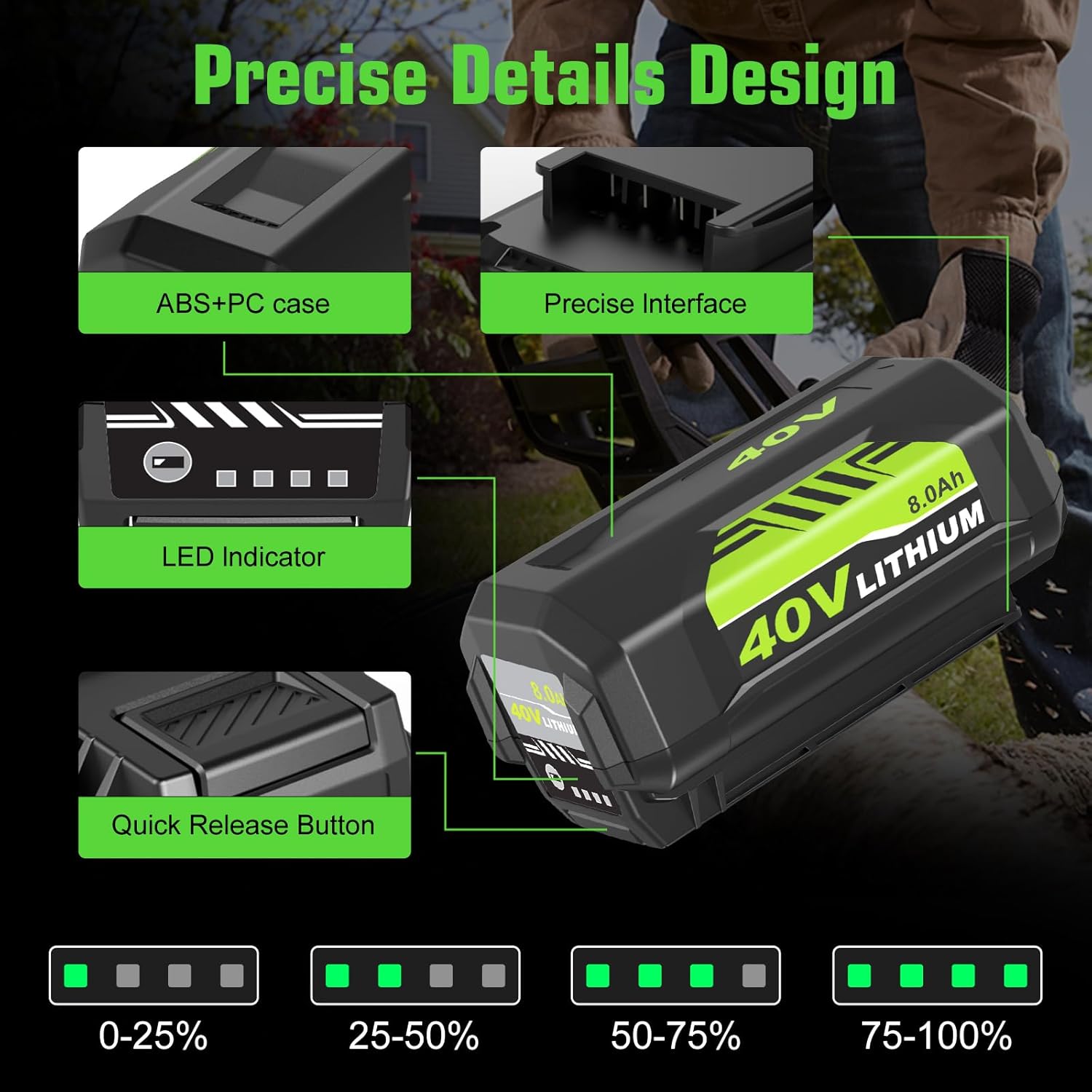 2 Pack 8000mAh Extend Capacity Replacement for Ryobi 40V Battery Compatible with Ryobi 40 Volt Lithium Battery OP4026 OP40601 OP4050A OP4040 OP4030 OP4050 Compatible with 40V Cordless Tool(Green) - Image 3