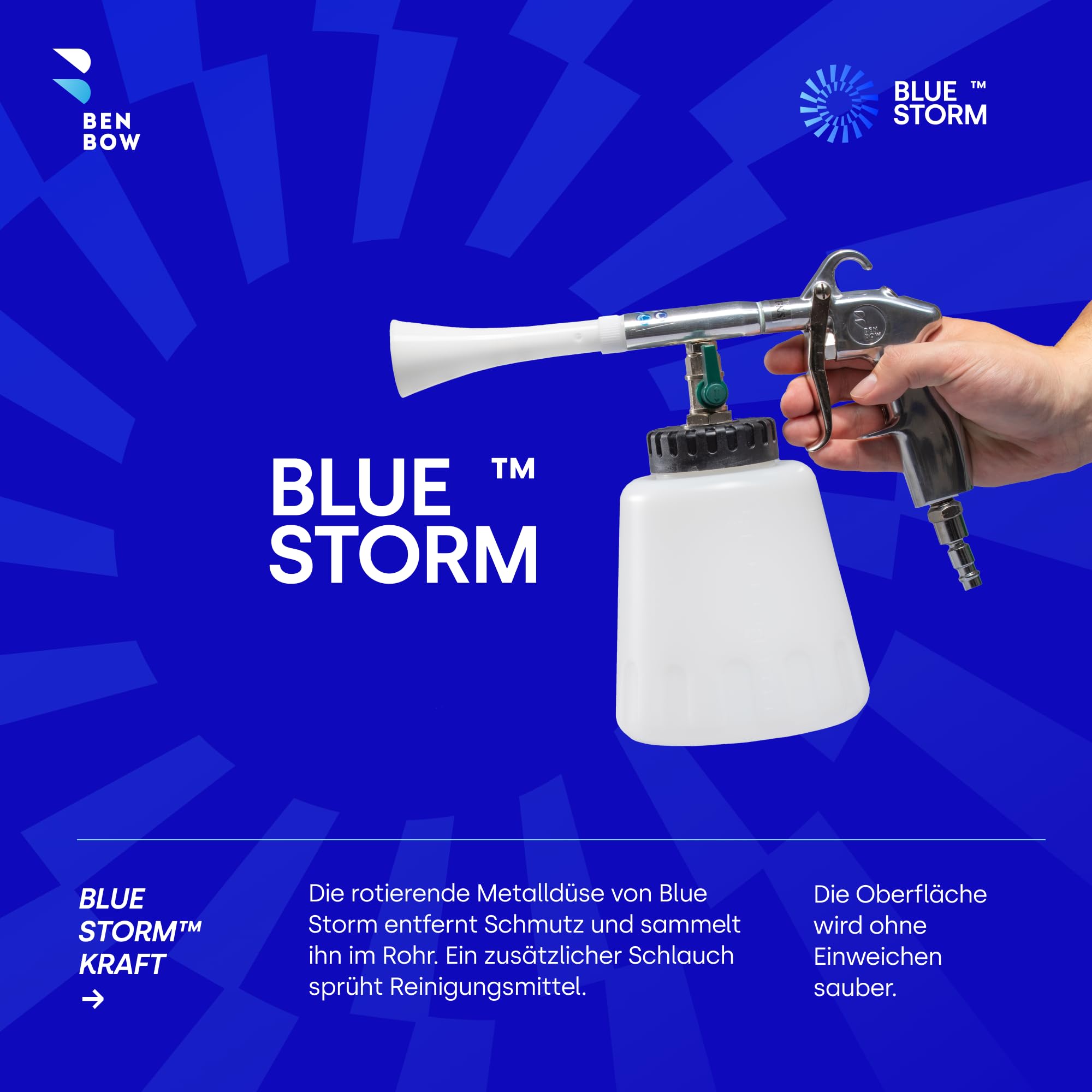 BenBow Druckluft Reinigungspistole PRO Blue Storm – Waschpistole – langlebig und robust – Stecknippel drehbar - berührungslose Reinigung für Auto, LKW, Bus und Polster, auch zum Ausblasen geeignet