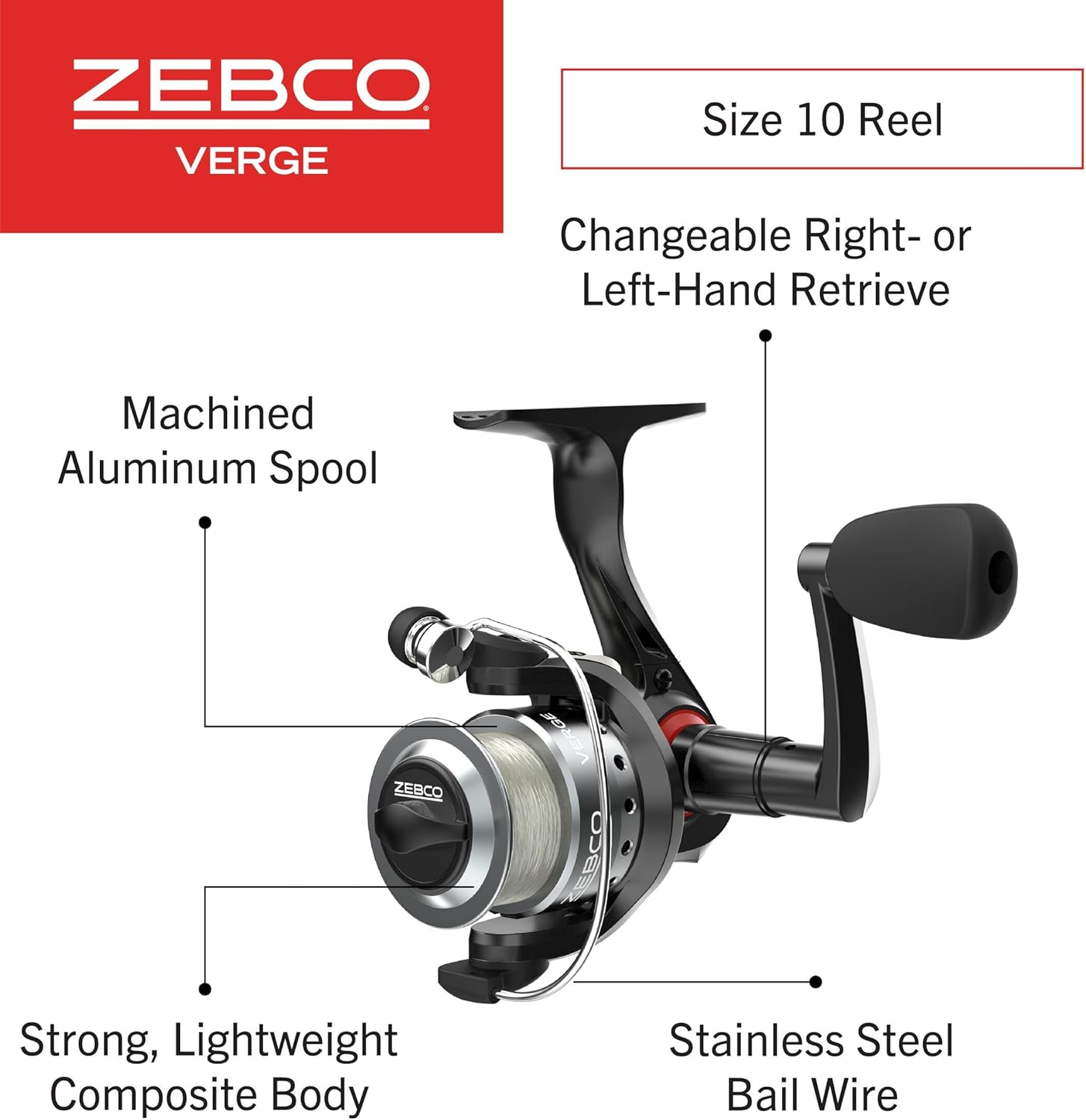 Zebco Verge Spinning Fishing Reel, Right or Left-Hand Retrieve, Pre-Spooled with Zebco Fishing Line, All-Metal Gears, TRU Balance Rotor, Black