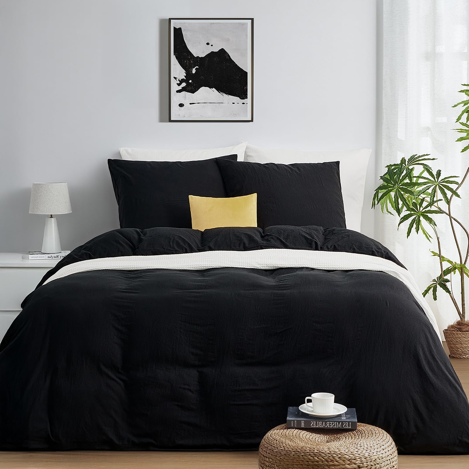 Duvetnova Bettwäsche Schwarz 260x240 Superweiche Gewaschene Mikrofaser Baumwollähnlich ÖKO-TEX 1 Bettbezug 260x240 cm + 2 Kissenbezüge 65x65 cm - alle mit Reißverschluss Schwarze Bettwäsche