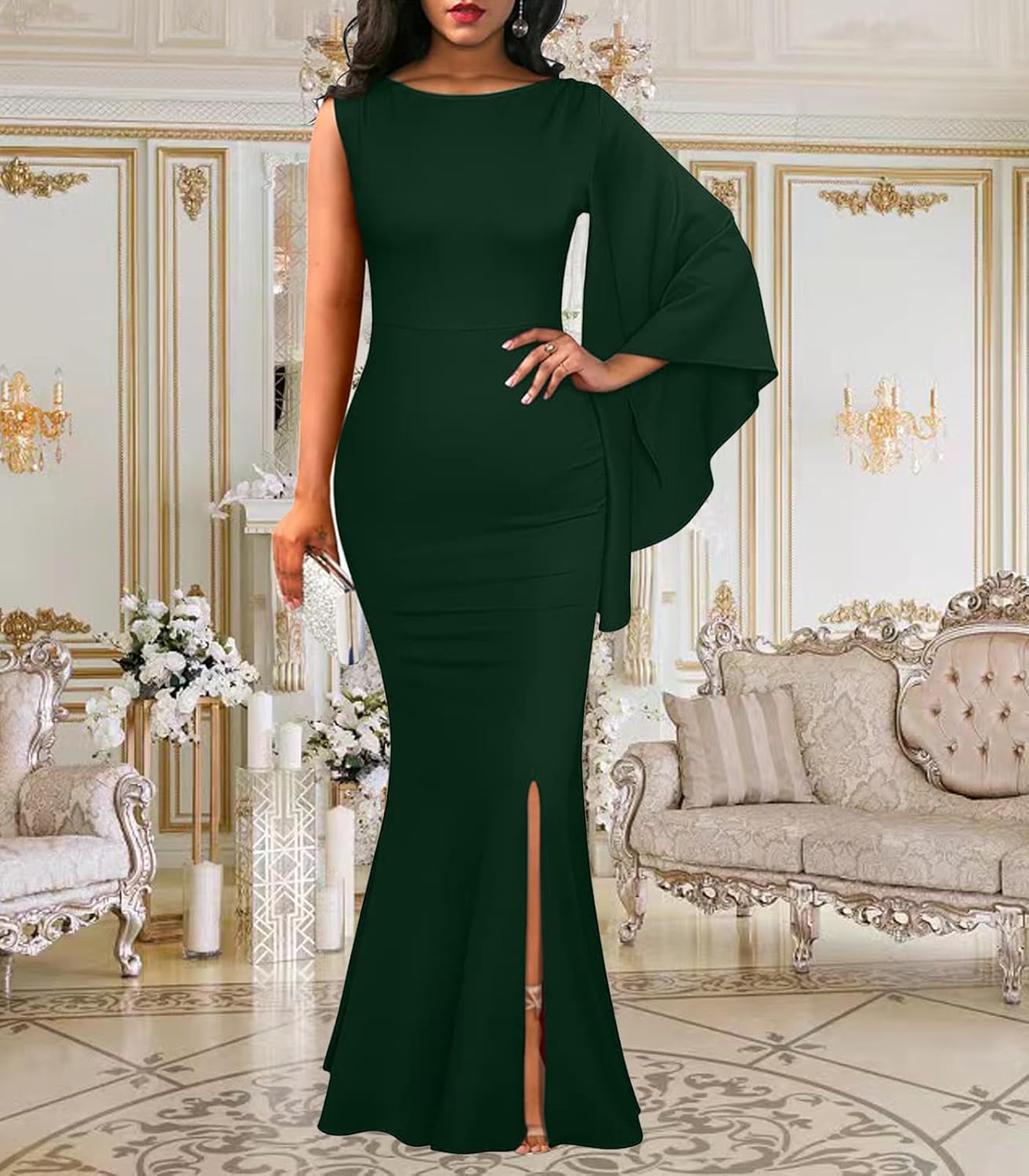 Green Evening Gowns for Women Formal Long Sleeve Prom Wedding Guest Party Dress Elegant Split Long Cocktail Dresses,6065A Green Small - Image 3