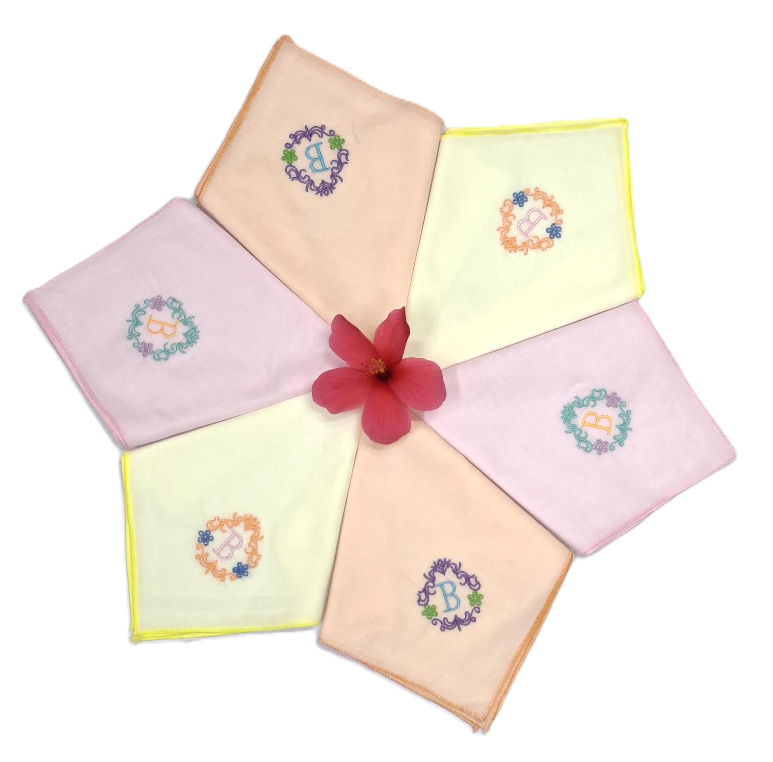 concerto 100% Cotton (Compact Yarn) Multicolor Embroidery Pastel Color Handkerchief For Women (Size: - 33 cms * 33 cms) (Pack of 6)- Rohira - B - Gift Pack.-picture-1