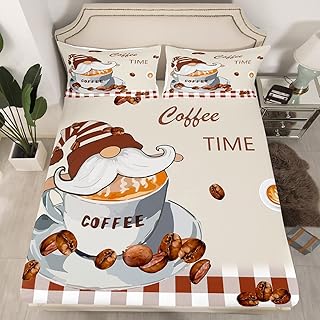 Manfei Coffee Fitted Sheet Queen Size, Gnome Coffee Time Bed Cover with 2 Pillowcases, Brown Plaid Farmhouse Bedding Set 3pcs for Kids Boys Girls Room Decor, Soft Polyester Bedding