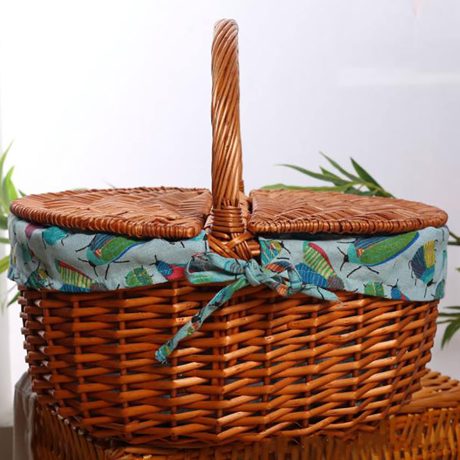 Storage Basket,Wicker Baskets Camping Picnic,Handmade Hamper With Lid And Handle & Liners For Family Parties And BBQs Outdoor,40x30x18cm