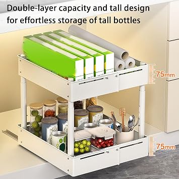 2 Tier Extendable Pull Out Cabinet Under Sink Organizer with Adjustable Height and Width, Kitchen Cabinet Organizer and Storage for Bathroom Pantry Laundry