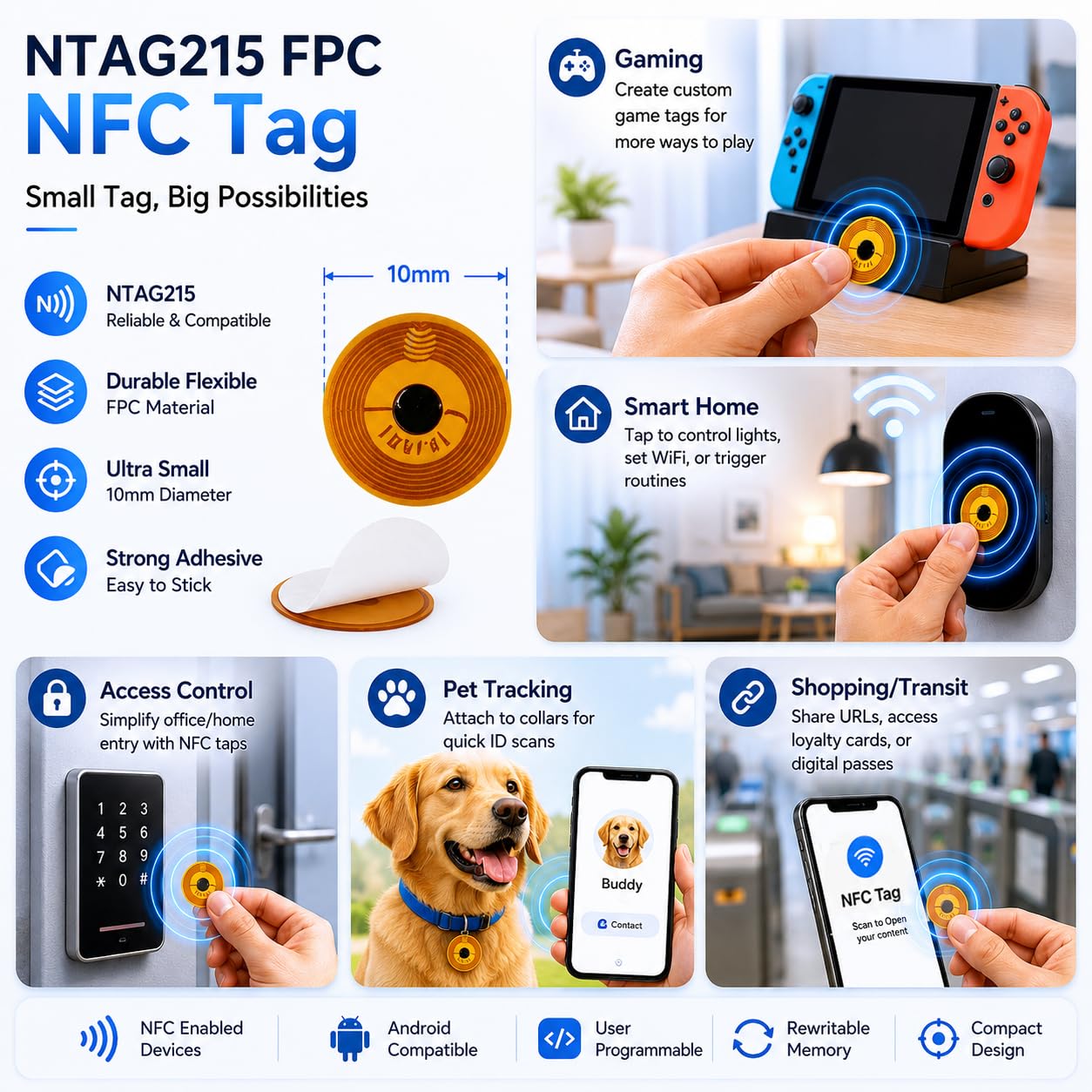 50 etichette NFC NTAG215 FPC, etichette adesive RFID programmabili da 10 mm, etichette elettroniche intelligenti flessibili, etichette elettroniche NFC impermeabili, programmabili, etichette NFC per
