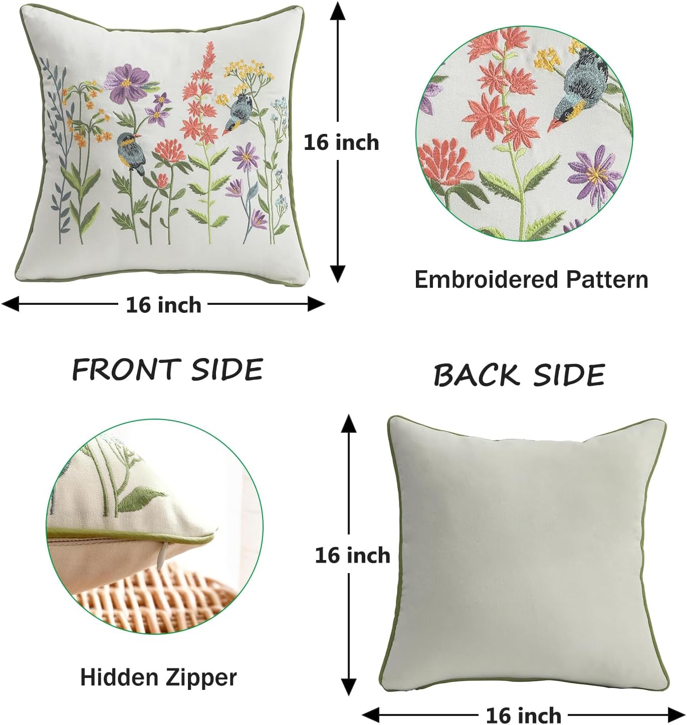 Embroidered Pillow Covers 16 x 16 Set of 2 Vintage Birds with Flowers Throw Pillow Cover Farmhouse Pillow Cushion Cases Spring Summer Decorative Pillowcases Home Decor Square Floral Pillow Case