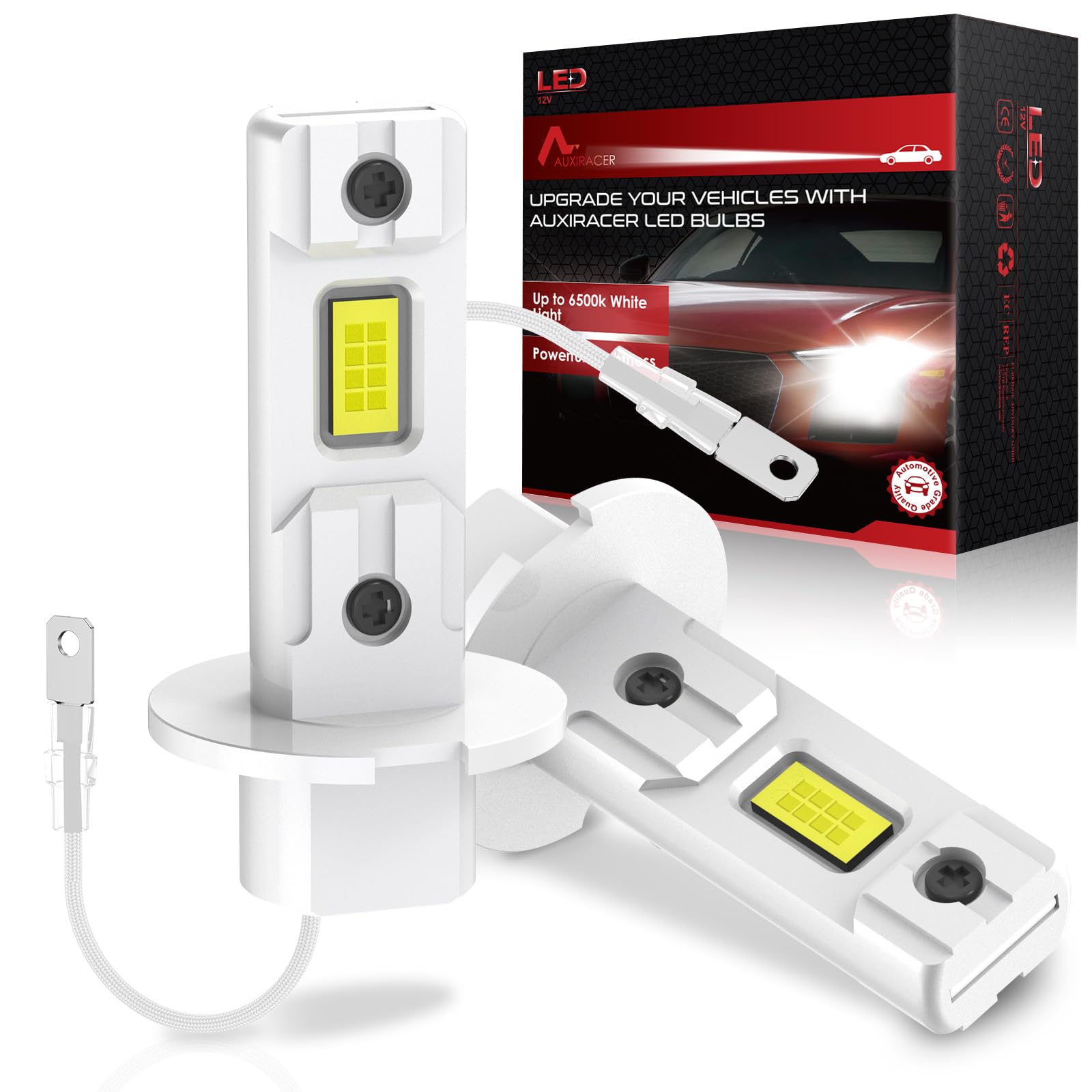AUXIRACER Ampoule H3 LED, 6500K Blanc 35000LM 600% Lumineuse Ampoule LED H3 pour Phare Voiture et Moto, 1:1 Taille, Plug and Play, 2 Pièces
