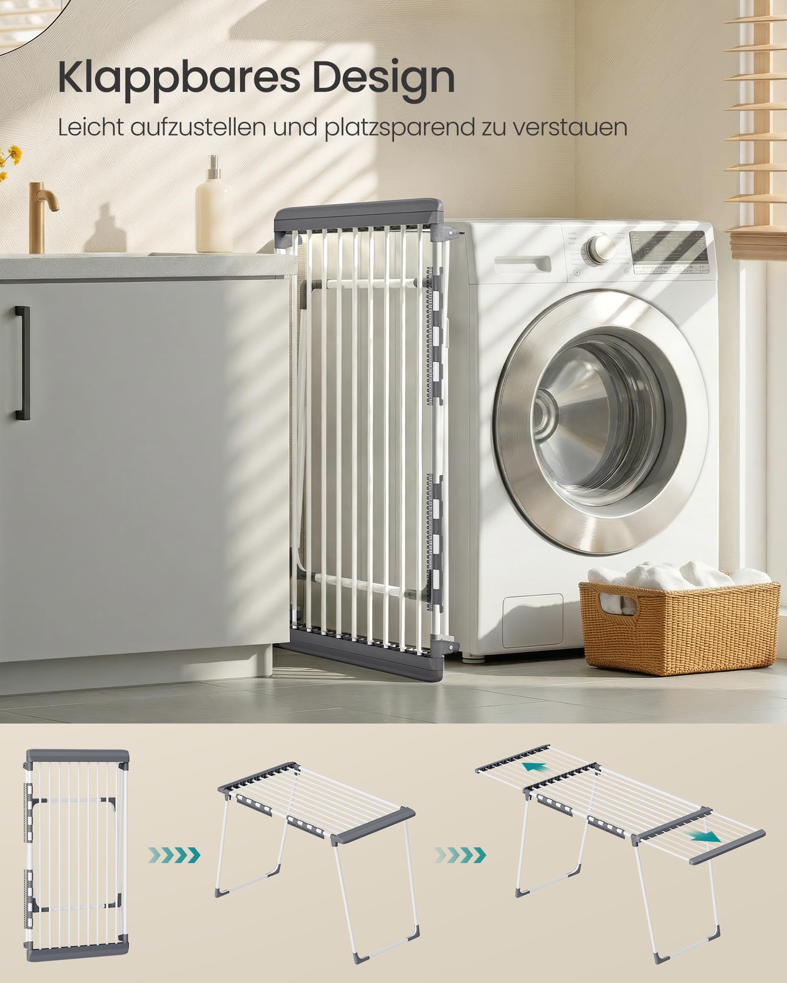 SONGMICS Wäscheständer, Standtrockner, ausziehbare Flügel, Flügelwäscheständer, 22 m Trockenfläche, Flügelwäschetrockner mit Sockenhalter, klappbar, perlweiß-Taubengrau LLR522WK01