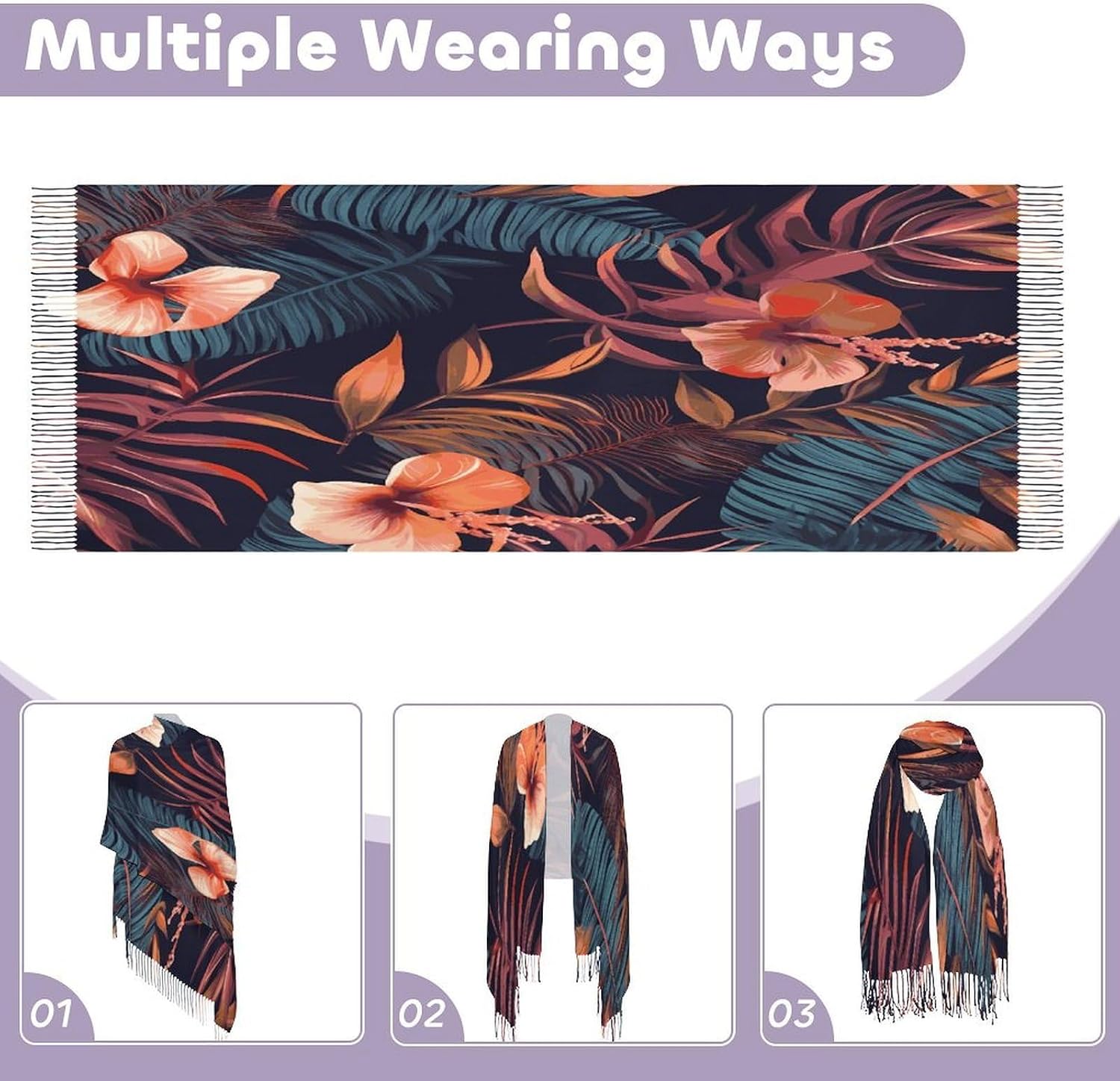 Tropical Flower Scarf for Women Men Soft Warm Fashion Blanket Scarves Classic Cashmere Feel Scarf Long Shawl Large Scarves Cold Weather Thick Blanket Scarfs
