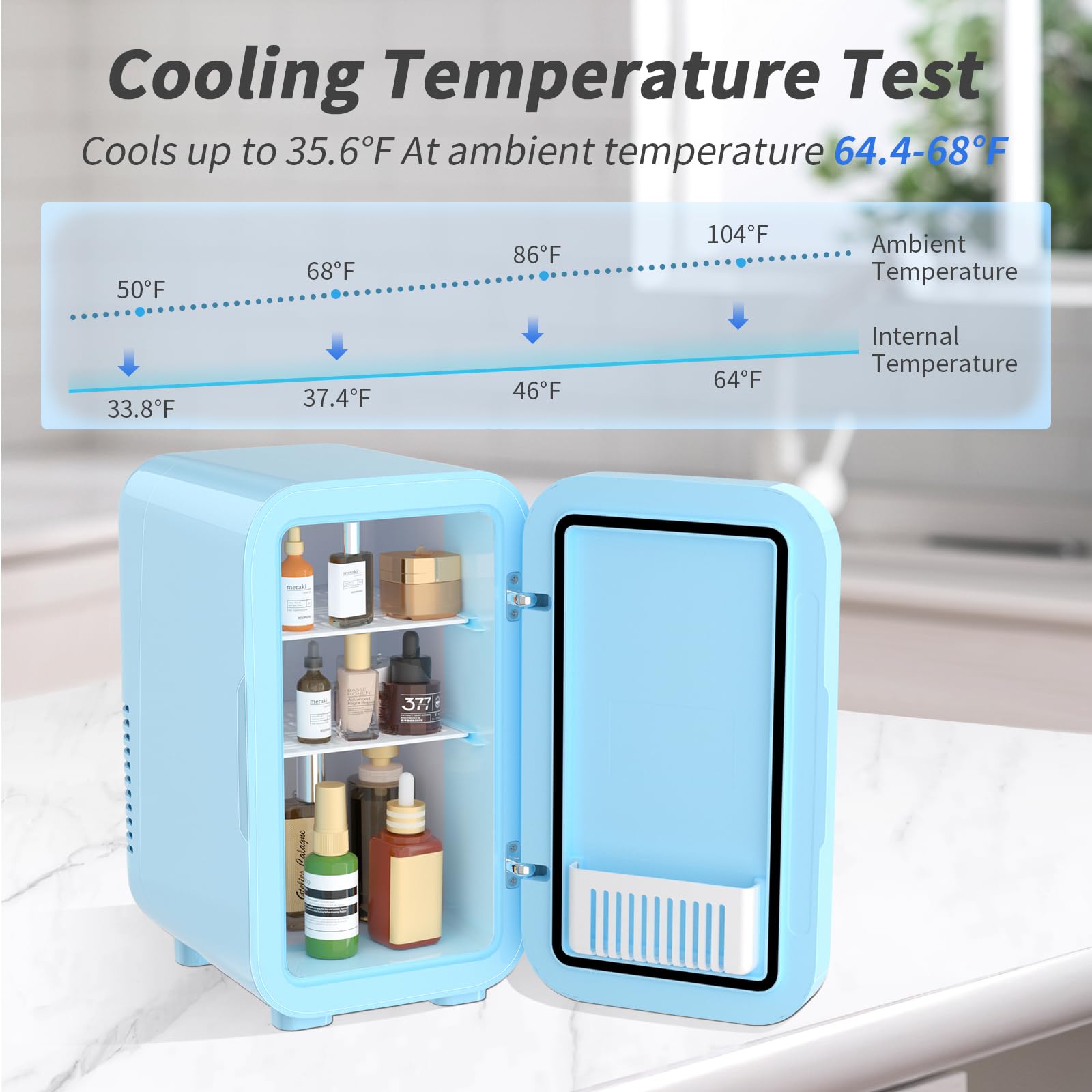 YASHE Mini lodówka, 6 litrów/8 puszek, 220-240 V AC/DC, przenośna termoelektryczna lodówka, lodówka do sypialni, pielęgnacji skóry, napojów, biura, akademika i samochodu, niebieska