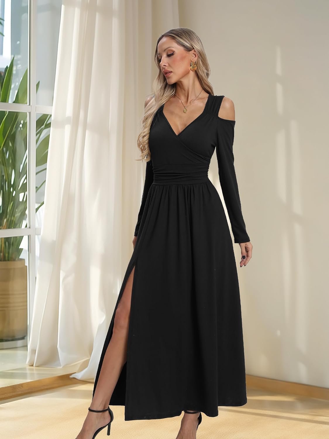 Tehoao Women Long Sleeve Maxi Dress with Slit Deep V Neck Cold Shoulder Casual Dresses for Women Club Party Dress - Image 9