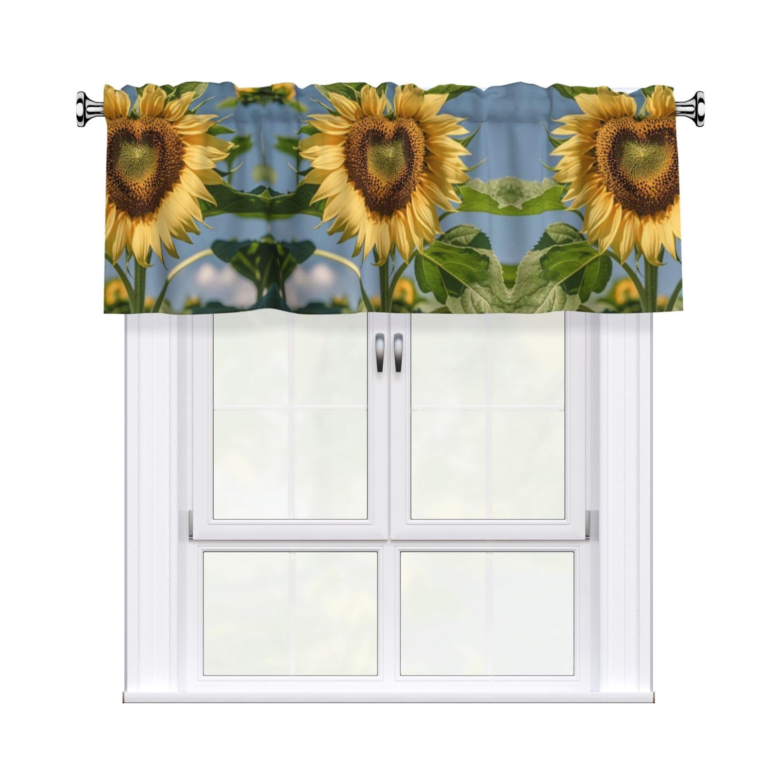 LMNGH Heart Shaped Sunflower Curtain Valance for Windows,Kitchen Window Curtains Blackout Drapes Window Treatments Decorative Rod Pocket Short Curtain for Living Room Bedroom,54" W x 18" L