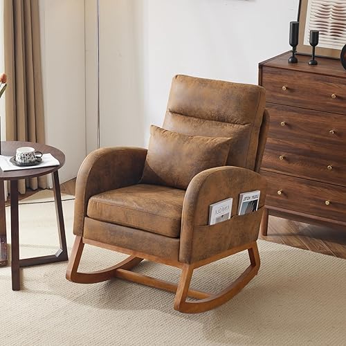 Miniatura 8 de VINGLI Mecedora de lino naranja con reposacabezas grueso, mecedora tapizada de mediados de siglo con reposabrazos curvos, base de madera maciza