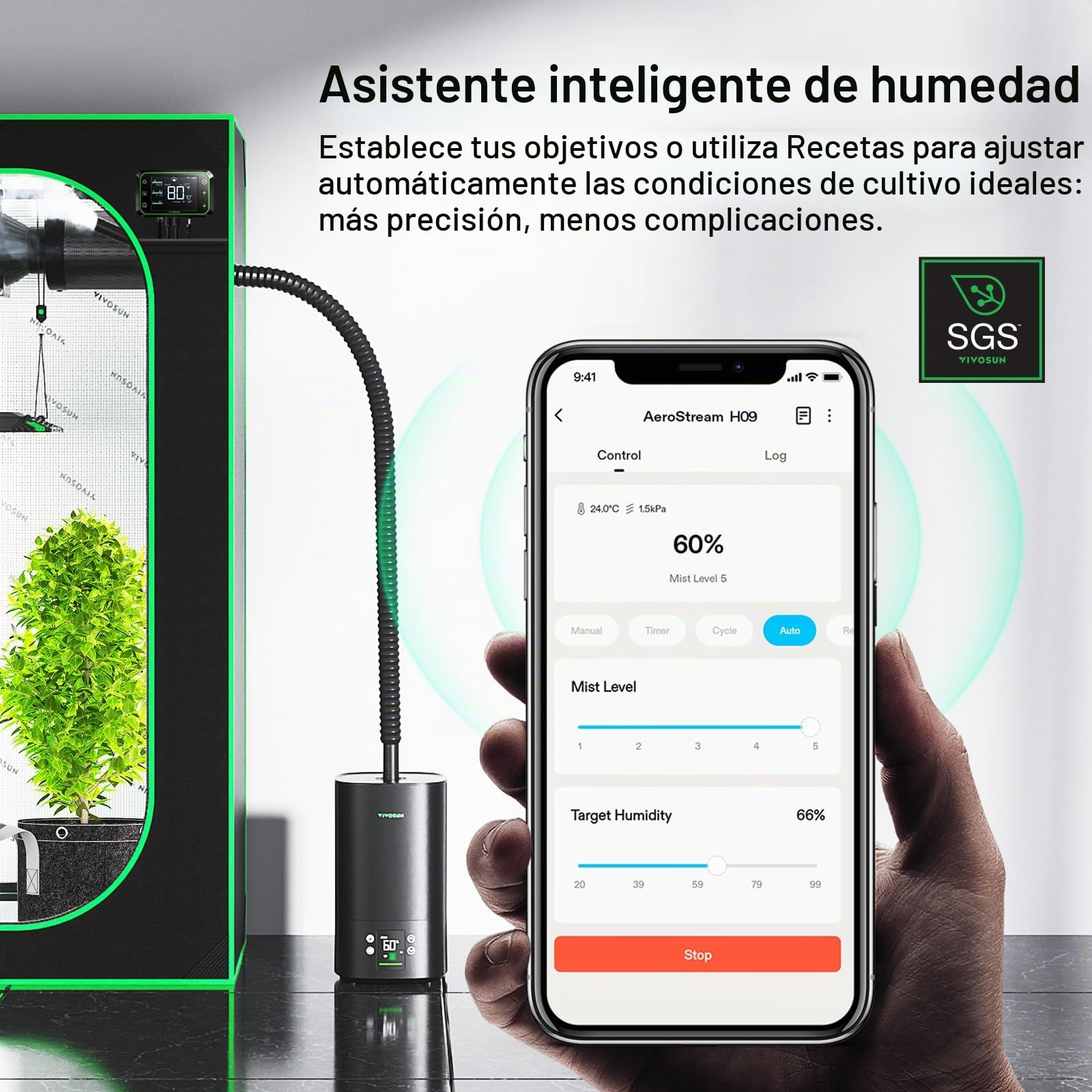 VIVOSUN AeroStream H05 Humidificador para Plantas 5L Smart 24 dB Silencioso Niebla Fría 360° 50H Ultrasonidos