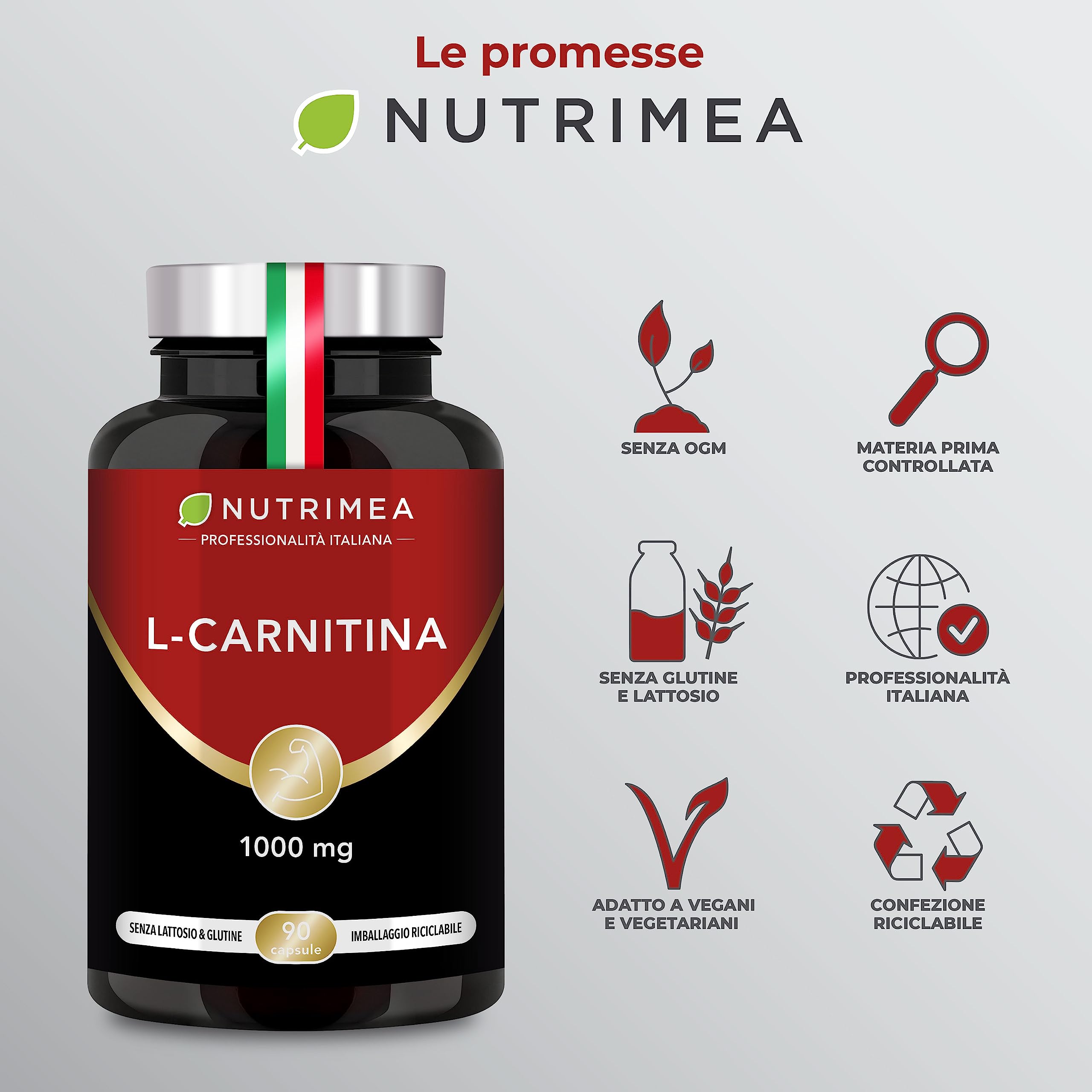 L-Carnitina Tartrato | 1000 mg | Trasforma gli Acidi Grassi in Fonte di Energia | Recupero muscolare | Pre-Allenamento | Con vitamina B6 | 90 capsule | Nutrimea