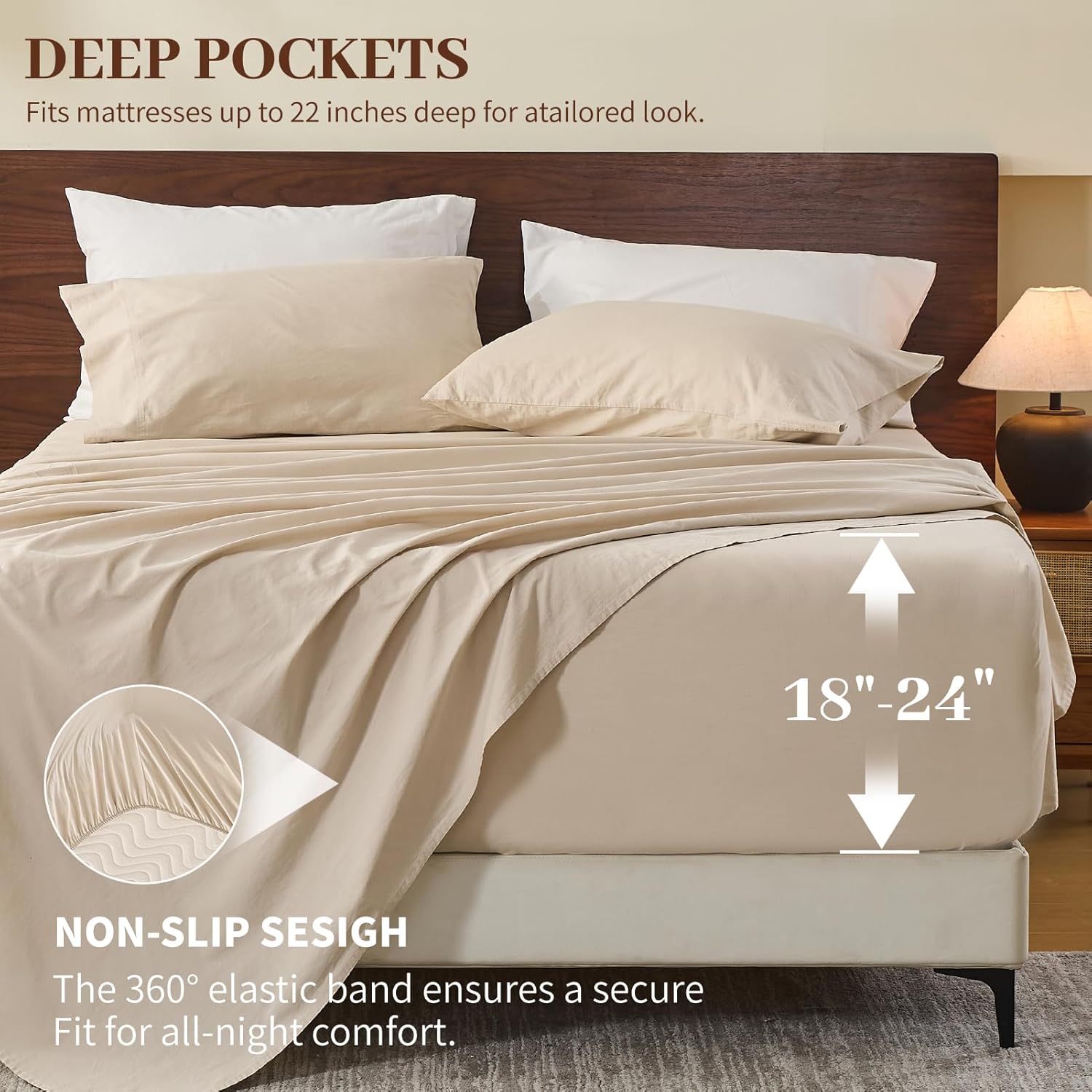 MEISHANG 100% French Pure Linen Sheets Queen Size - Extra Deep Pocket Sheet Set, Soft Durable Flax Linen, Anti-Tear Breathable & Oeko-Tex Certified 18-24 Deep Pocket,All Season(Linen) - Image 3