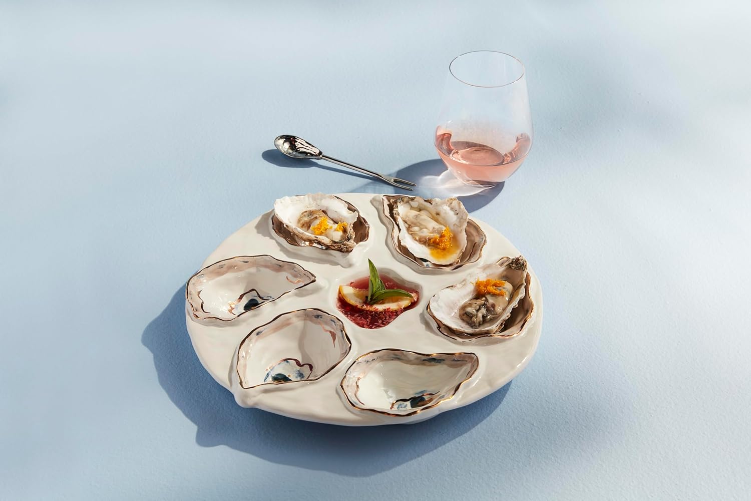 Mud Pie Oyster Server Set; server 10 1/2" dia | spoon 5 1/2"