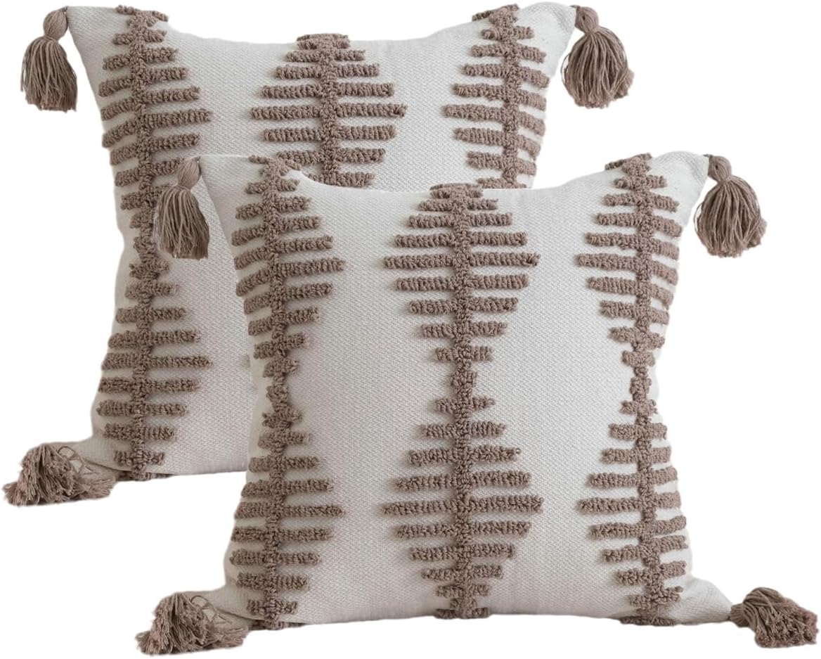 Andreannie Pack of 2 Boho Tufting Throw Pillow Cover Embroidered Textured Cushion Cover with Tassels Soft Home Decororative for Couch Sofa 18x18 inch (Boho Brown)