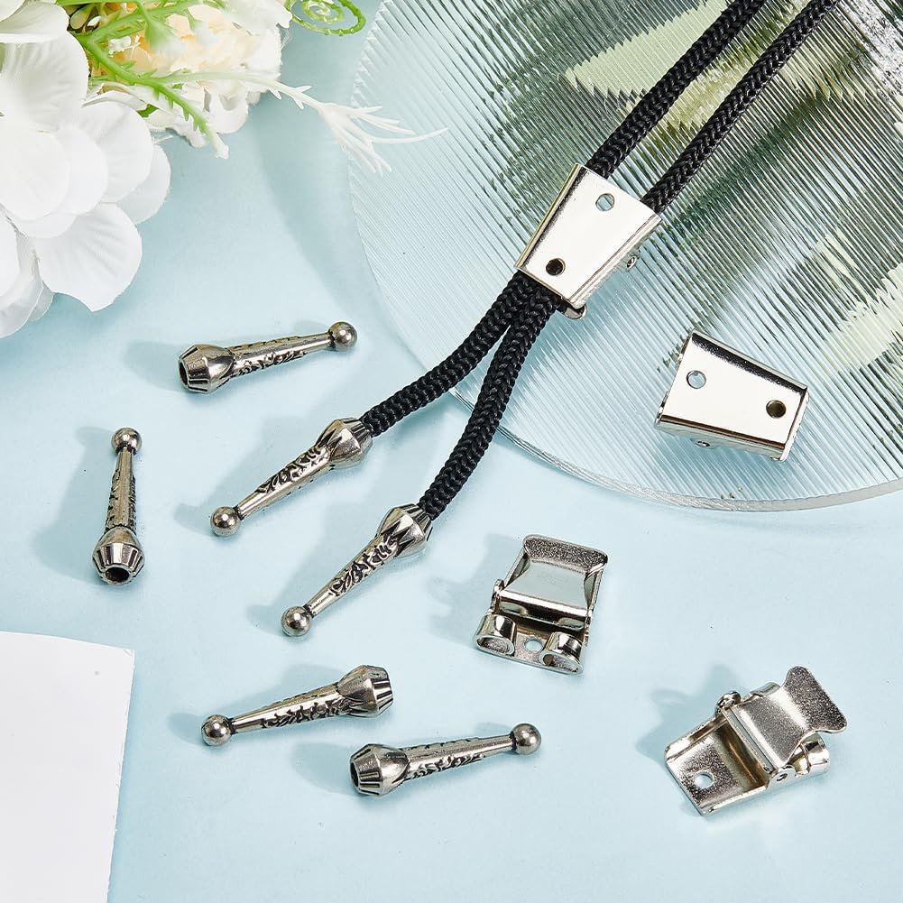 GORGECRAFT 4 Sets Bolo Tie Tips Replacement End Caps Kit Iron Bolo Tie Findings Kit Tie Buckle Accessories with 8Pcs Alloy Cord End 4Pcs Tie Slide Clasps 4Pcs Tips Cord for Bolo Tie Making (Platinum)