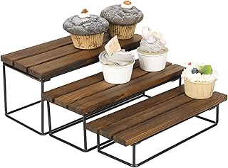 MyGift Rustic Burnt Solid Wood and Black Metal Wire Rectangular 3 Tiered Dessert Display Riser Cupcake Stands, Set of 3