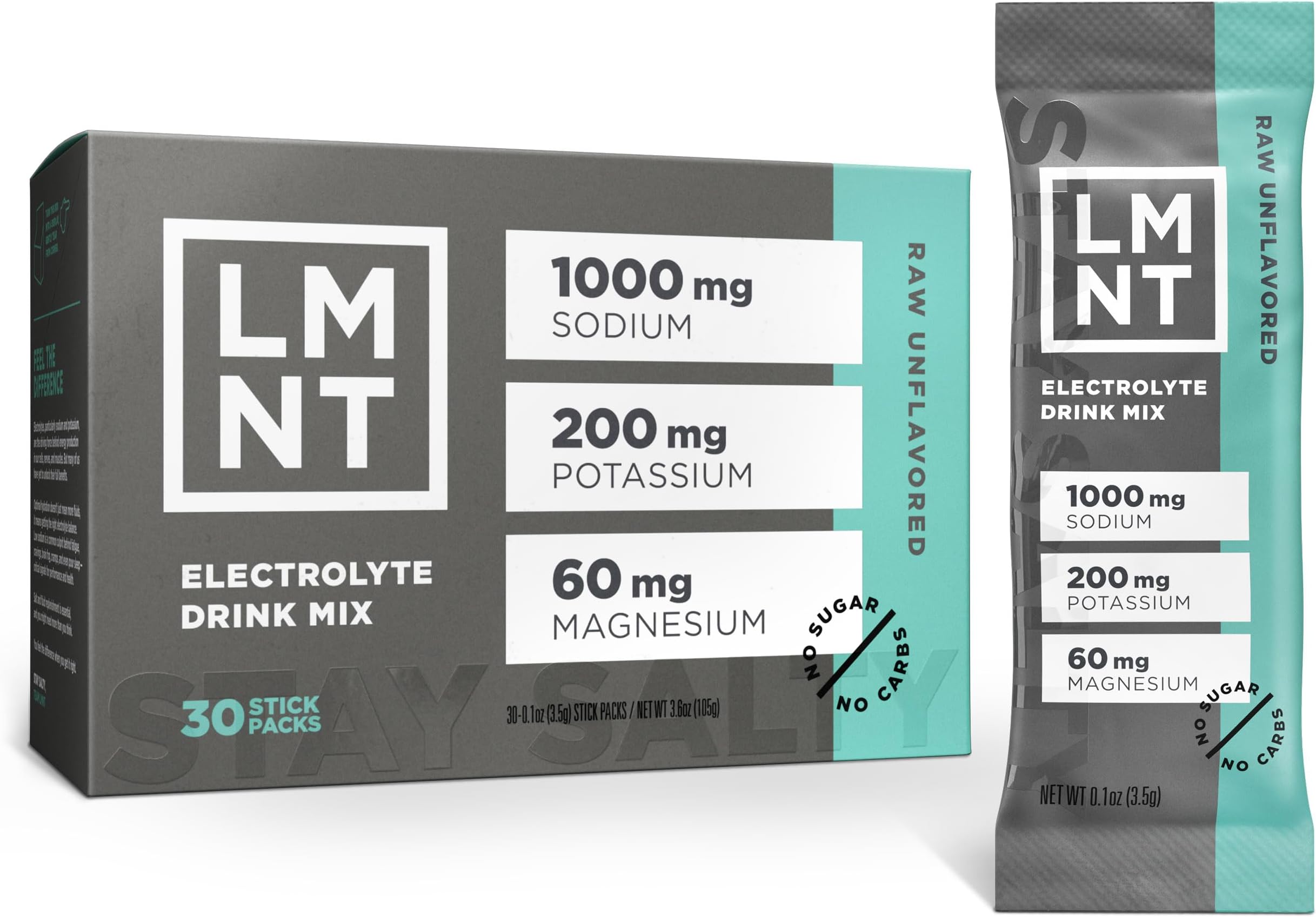 LMNT Zero Sugar Electrolytes - Raw Unflavored Salt | Drink Mix | 30-Count