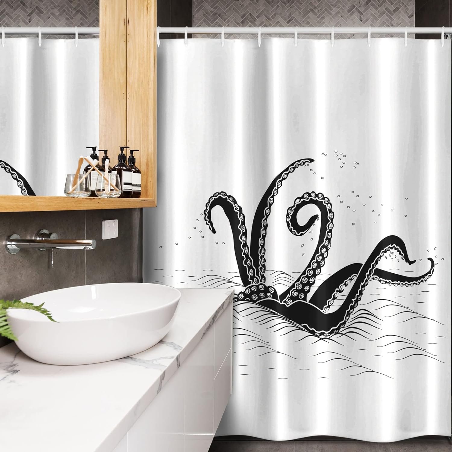 Ambesonne Octopus Stall Shower Curtain, Mythological Kraken Octopus Tentacles Monster in The Sea Illustration Nautical, Fabric Bathroom Decor Set with Hooks, 54" W x 78" L, Black White