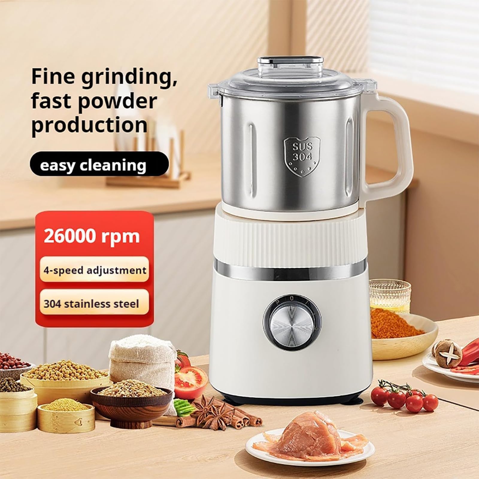 Macinino elettrico da 500 W, 800 g, in acciaio inox, con regolazione a 4 livelli, per caffè, spezie, grano, pepe, macinatura a secco/bagnato, coperchio rimovibile
