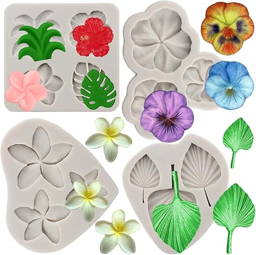 MYPRACS Moldes de silicona de hojas tropicales, molde de fondant de hojas de abanico, moldes de flores de plumeria, molde de caramelo de hojas de