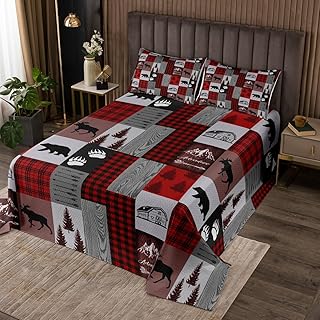 Rustic Farmhouse Cabin Kids Bedspread Twin Size,Deer Bear Claws Adventure Coverlet Set,Boys Girls Adults Room Decor,Geometric Grids Boho Arrow Quilted Coverlet,Red Xmas Bedding Quilt,1 Pillowcase