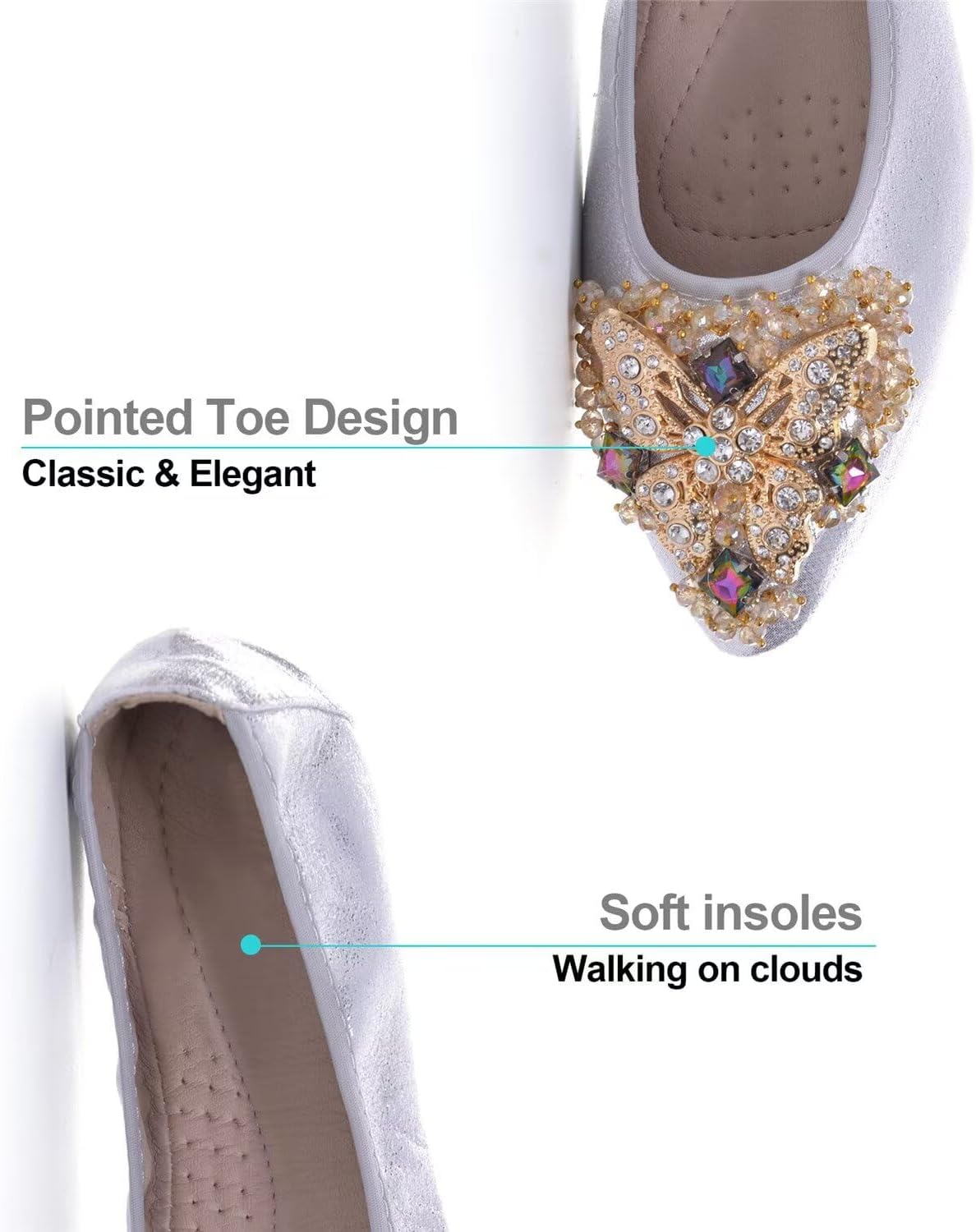 Hee grand Women Foldable Ballet Flats Bling Rhinestones Soft Leather Pointy Toe Flats Sparkle Wedding Dress Shoes Comfort Slip on Loafers Big Size - Image 3