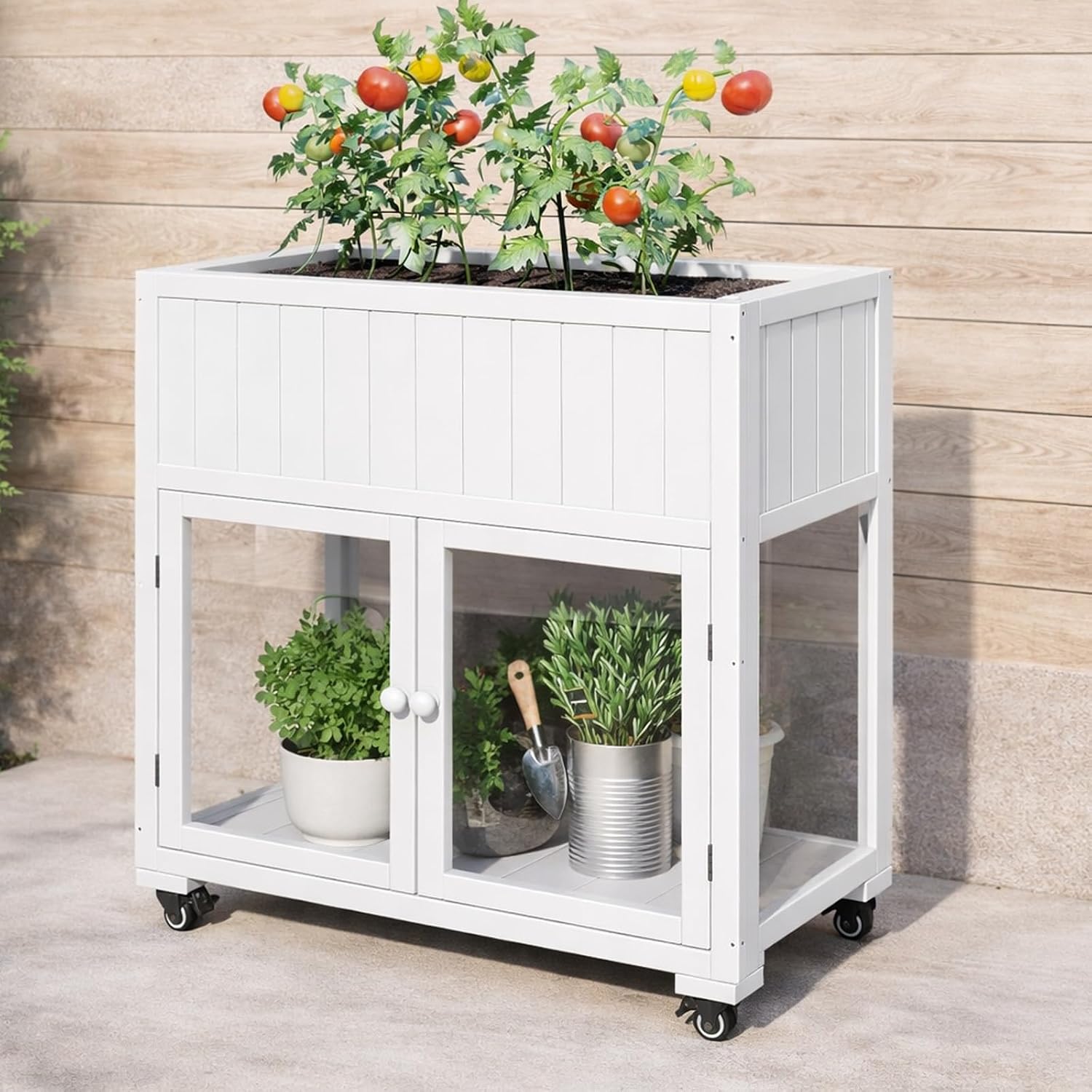 Mini Wooden Cold Frame Greenhouse with Raised Bed & Wheels, Compact Garden Planter with Polycarbonate Doors, Indoor Outdoor Growing Box for Patio, Balcony & Backyard (White)