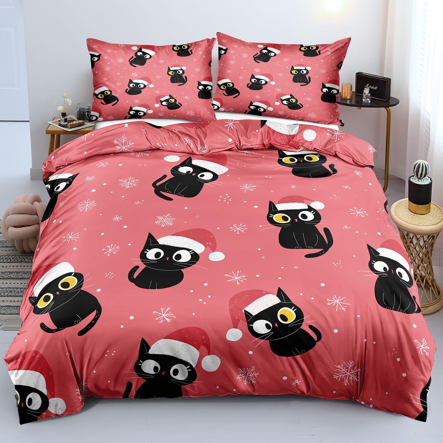Parure de lit de Noël 140x200 rose pour illuminer les yeux de votre fille avec le chat de Noël