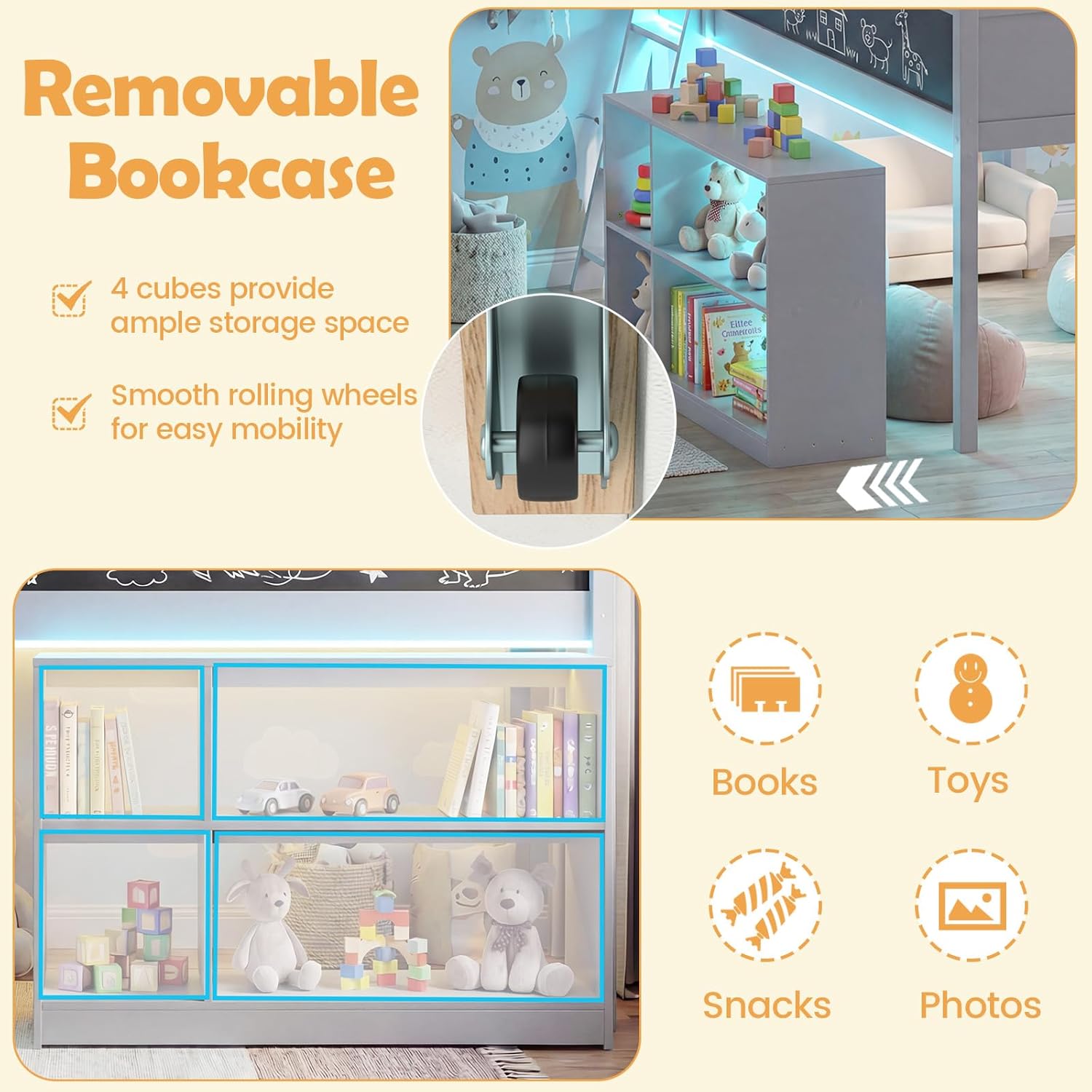 KOMFOTT Twin Size Low Loft Bed with LED Lights, Kids Wooden Loft Bed Frame with Ladder, Full-Length Safety Guardrail, Movable Bookcase & Under-Bed Play Space, No Box Spring Needed (Grey)