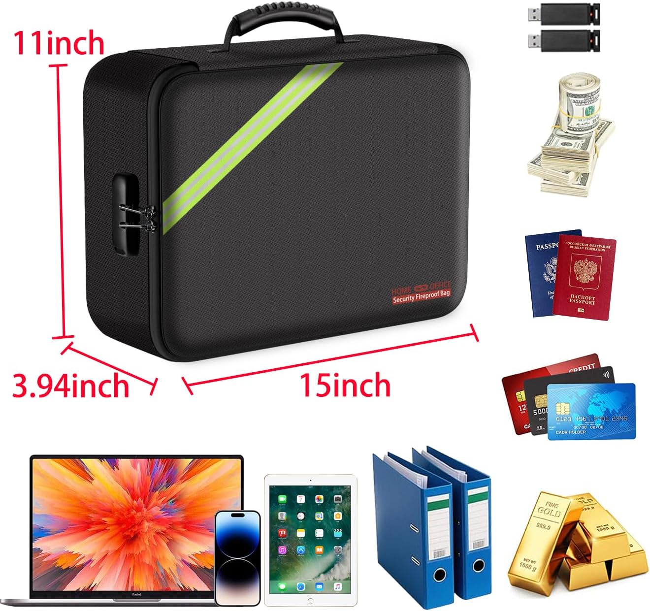Black 38 * 28 * 10cm Fireproof Document Bag Home Office Travel Safe Storage Pouch with Zipper for A4 Document Cash Money Valuables Jewelry Passport Currency Keys Tablet