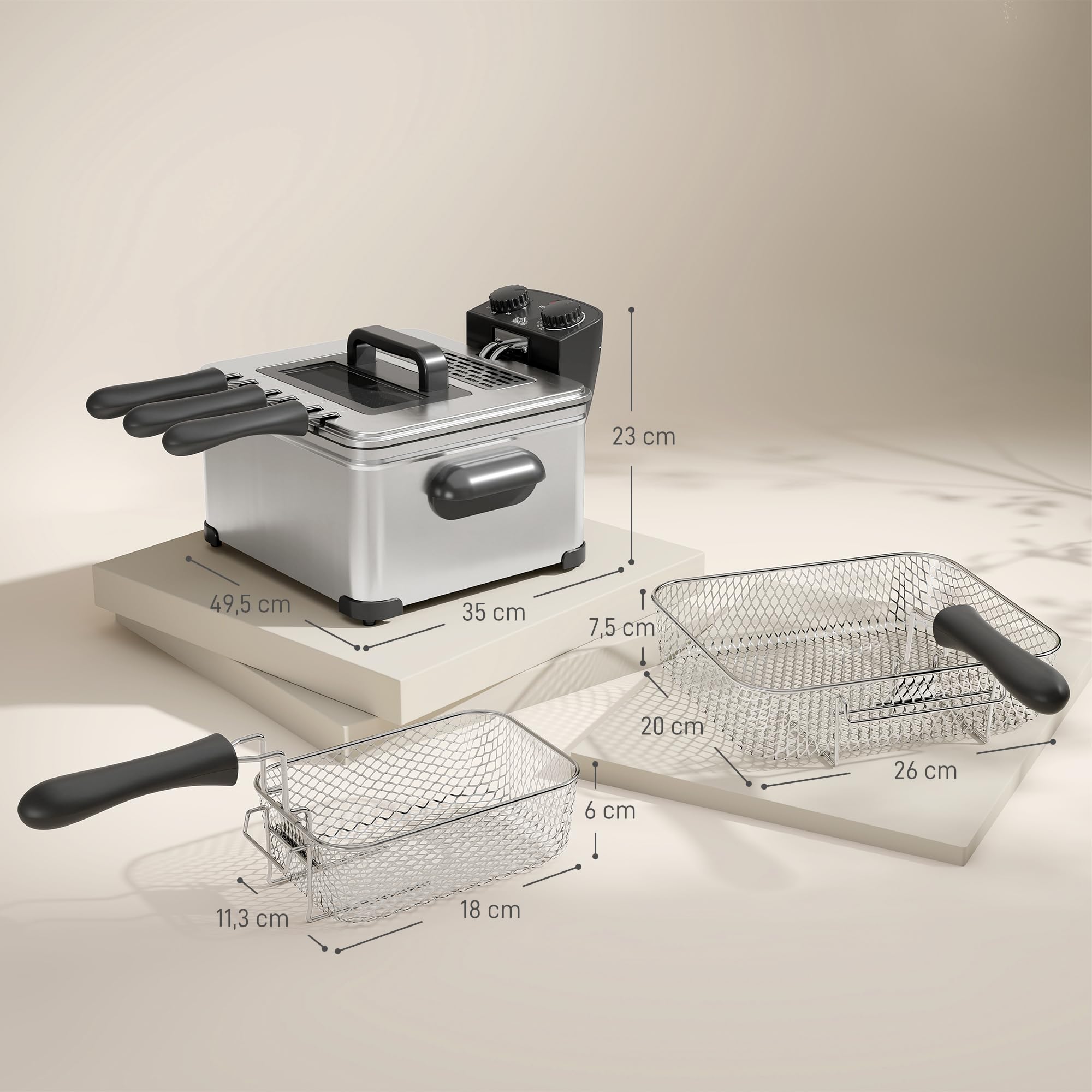 HOMCOM Friteuse 5 litres Électrique Température/Minuterie Réglables 2000 W | Panier à Huile Amovible, Fenêtre de Visualisation, pour Frites et Poulet Frit, Acier Inoxydable