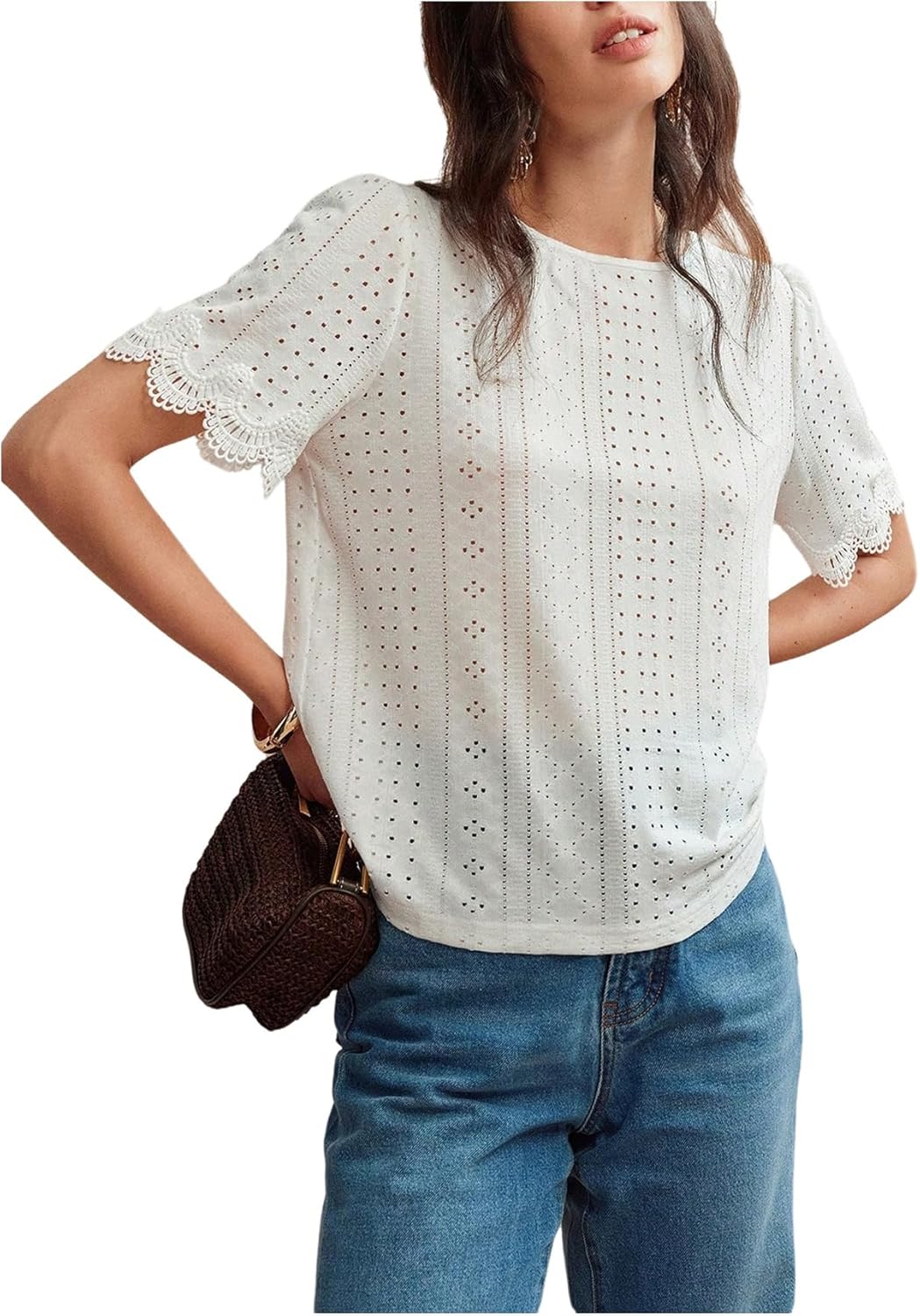 SweatyRocks Women's Crewneck Eyelet Tops Casual Lace Contrast Blouses Short Sleeve Tops