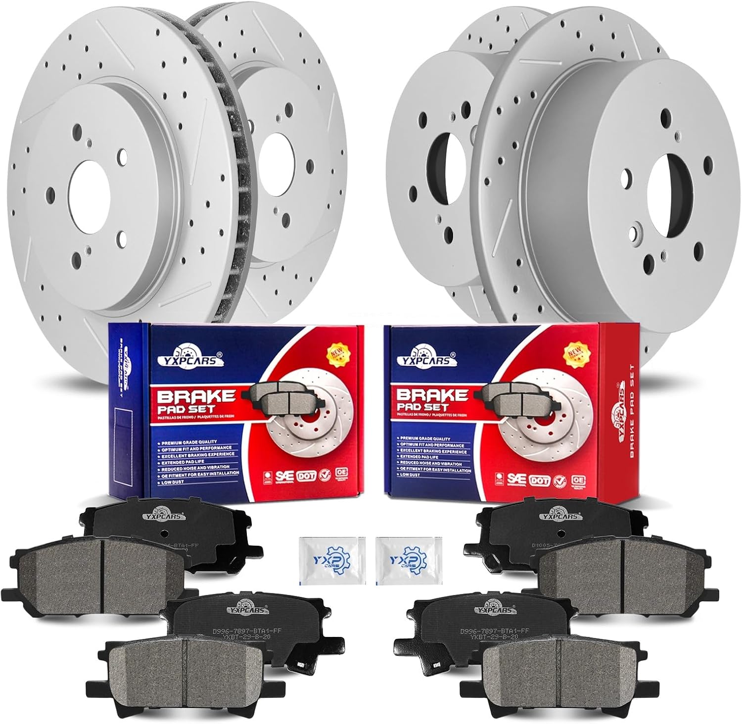 Front & Rear Drilled Slotted Rotors and Ceramic Disc Brake Pads Kit for Lexus Rx330 2004 2005 2006/ Rx350 2007-2009/ Rx400H 2006-2008, for for Toyota Highlander 2006 2007 Hybrid/Hybrid Limited