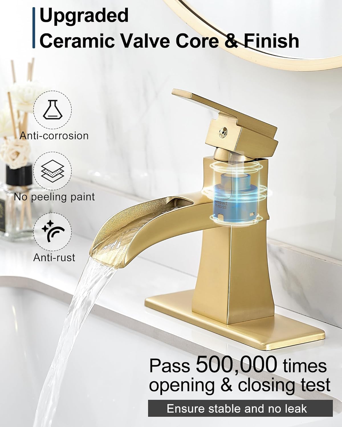 Brass Waterfall Faucet, Brushed Gold Bathroom Faucet, Single Handle for One Hole or 3 Holes 4 Inch with Pop-Up Drain, Pre-Installed Supply Hoses and Deck Plate for Vanity RV Farmhouse Modern