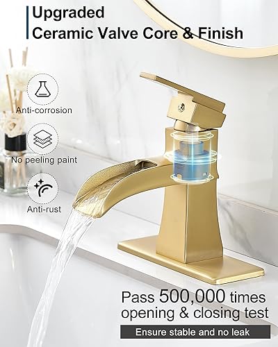 Miniatura 4 de Grifo de cascada, grifo de baño dorado cepillado de latón, grifos de baño de un solo mango de 4 pulgadas, 1 agujero o 3 agujeros, grifo de fregadero