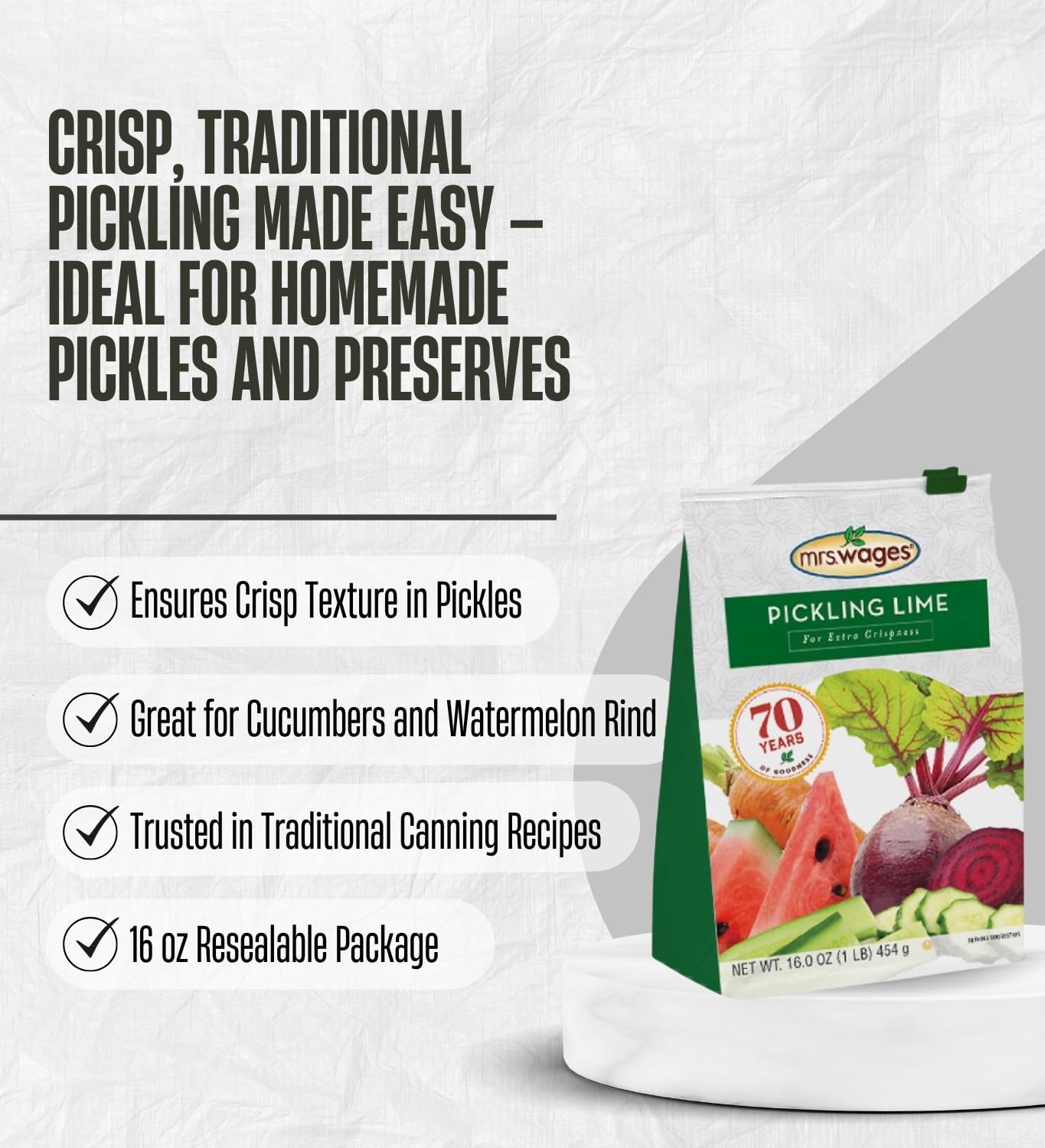 Mrs. Wages Pickling Lime 16 oz Bundle with Microfiber Cloth – Ideal for Crisp Pickles, Green Tomatoes, Watermelon Rinds, and More – Gift Set (2 Items)